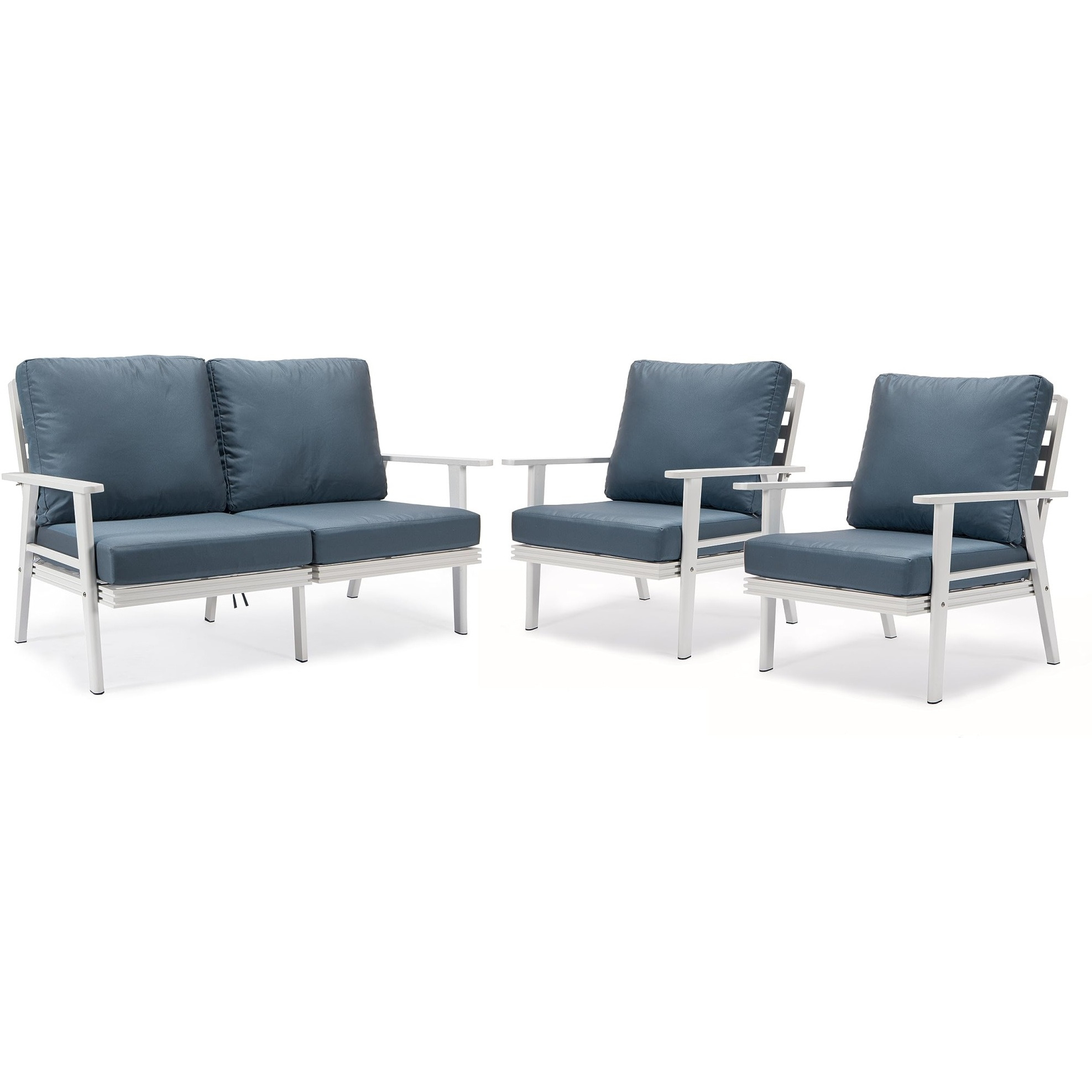 Leisuremod Walbrooke Modern 3-Piece Outdoor Patio Set With White Aluminum Frame And Removable Cushions Loveseat And Armchairs For Patio And Backyard Garden