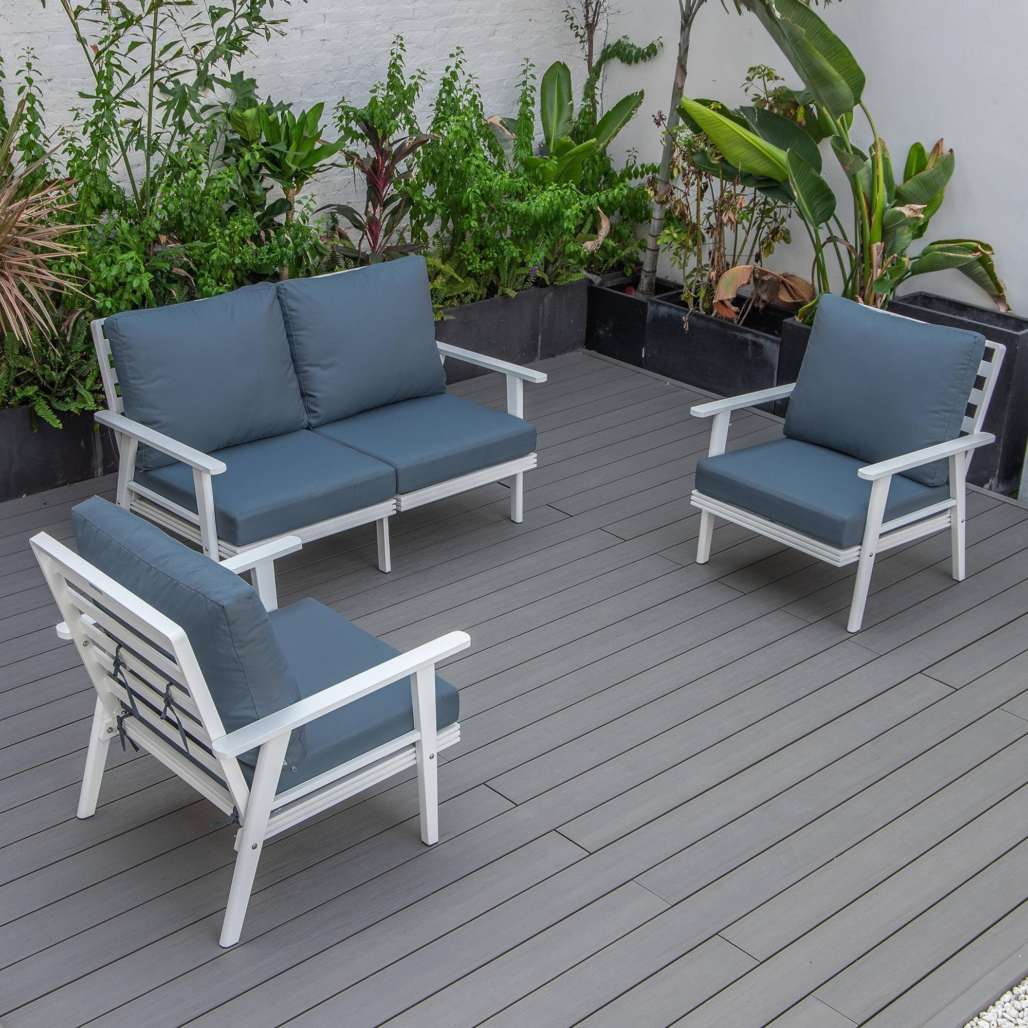 Leisuremod Walbrooke Modern 3-Piece Outdoor Patio Set With White Aluminum Frame And Removable Cushions Loveseat And Armchairs For Patio And Backyard Garden