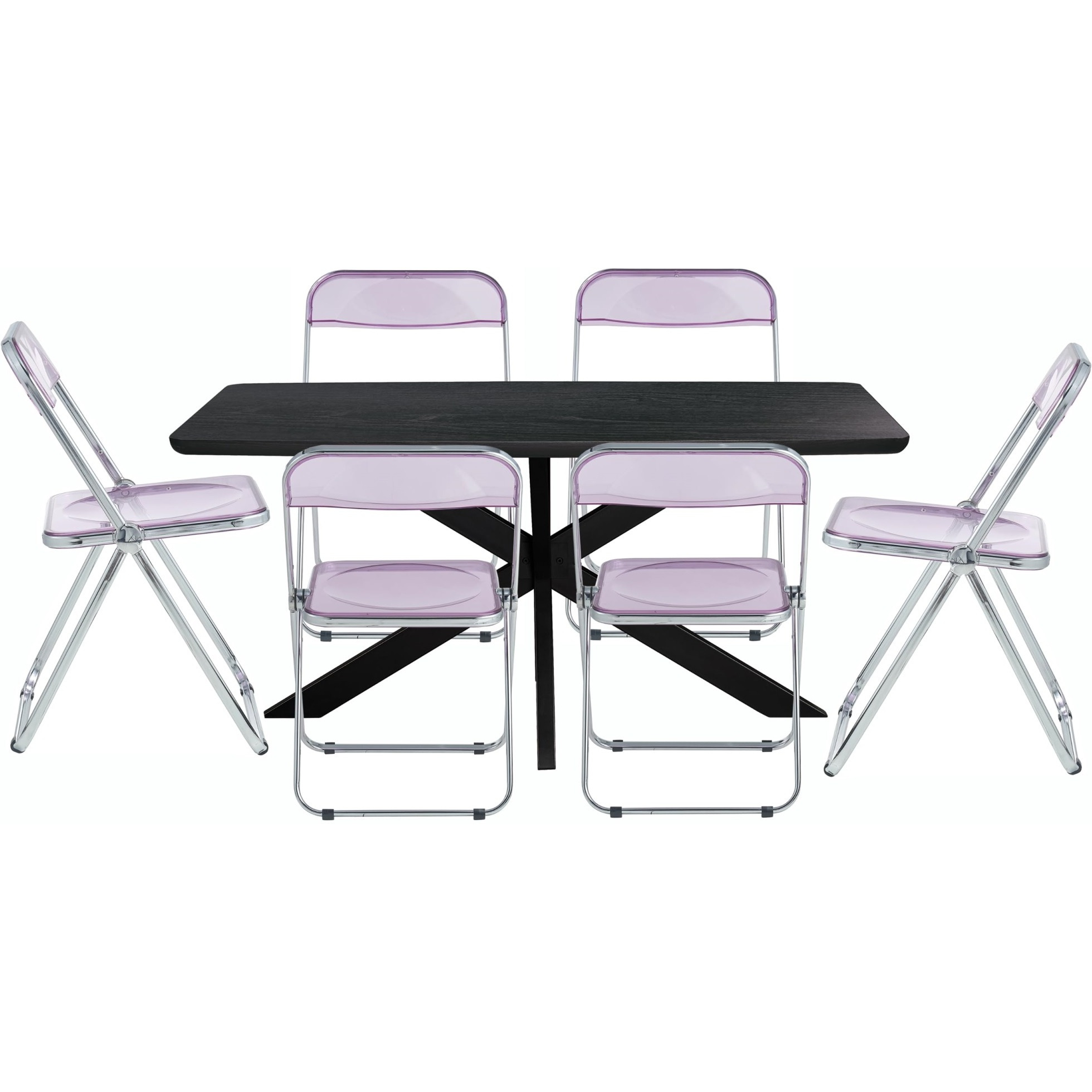 Leisuremod Lawrence 7-Piece Acrylic Folding Dining Chair And Rectangular Dining Table With Geometic Base Set