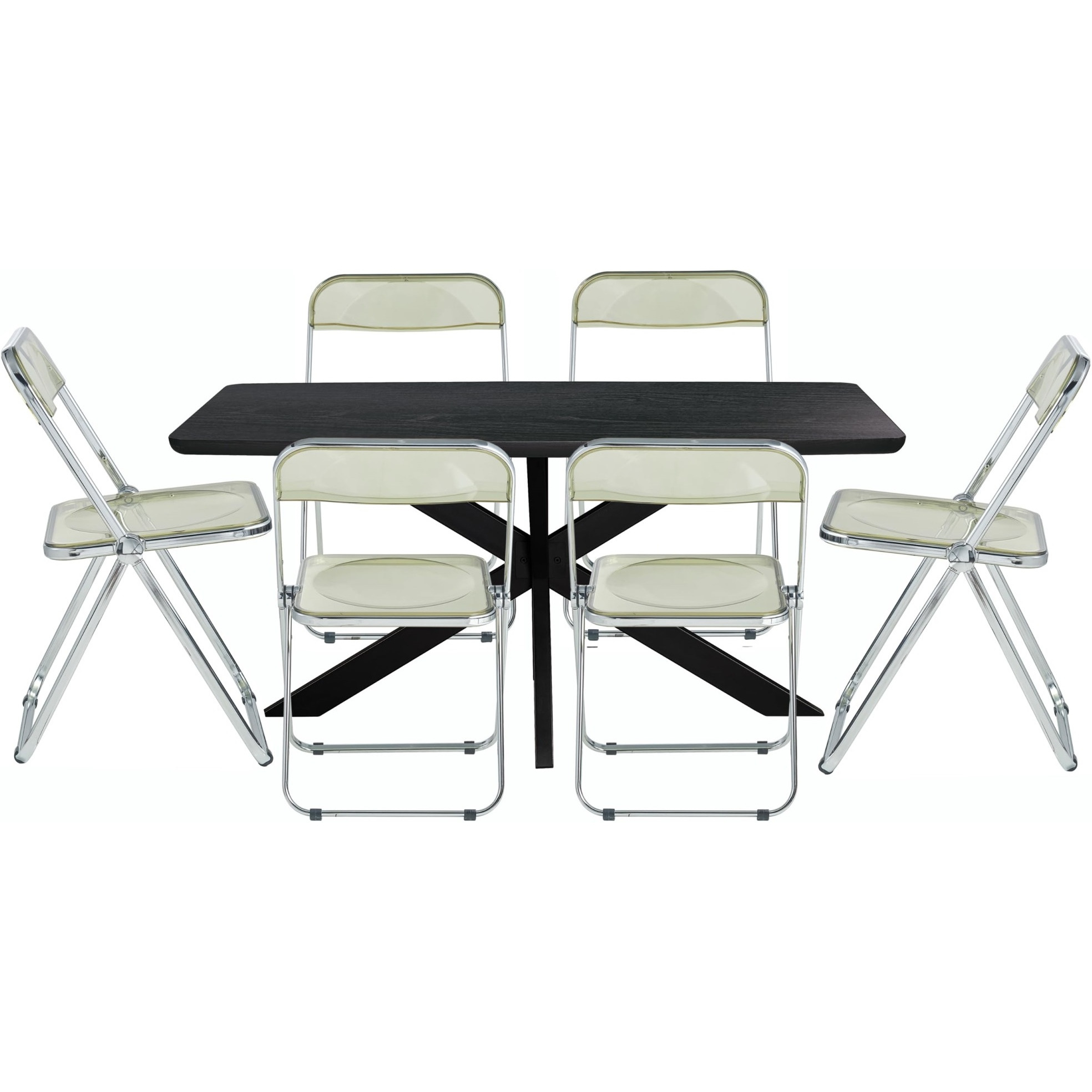 Leisuremod Lawrence 7-Piece Acrylic Folding Dining Chair And Rectangular Dining Table With Geometic Base Set