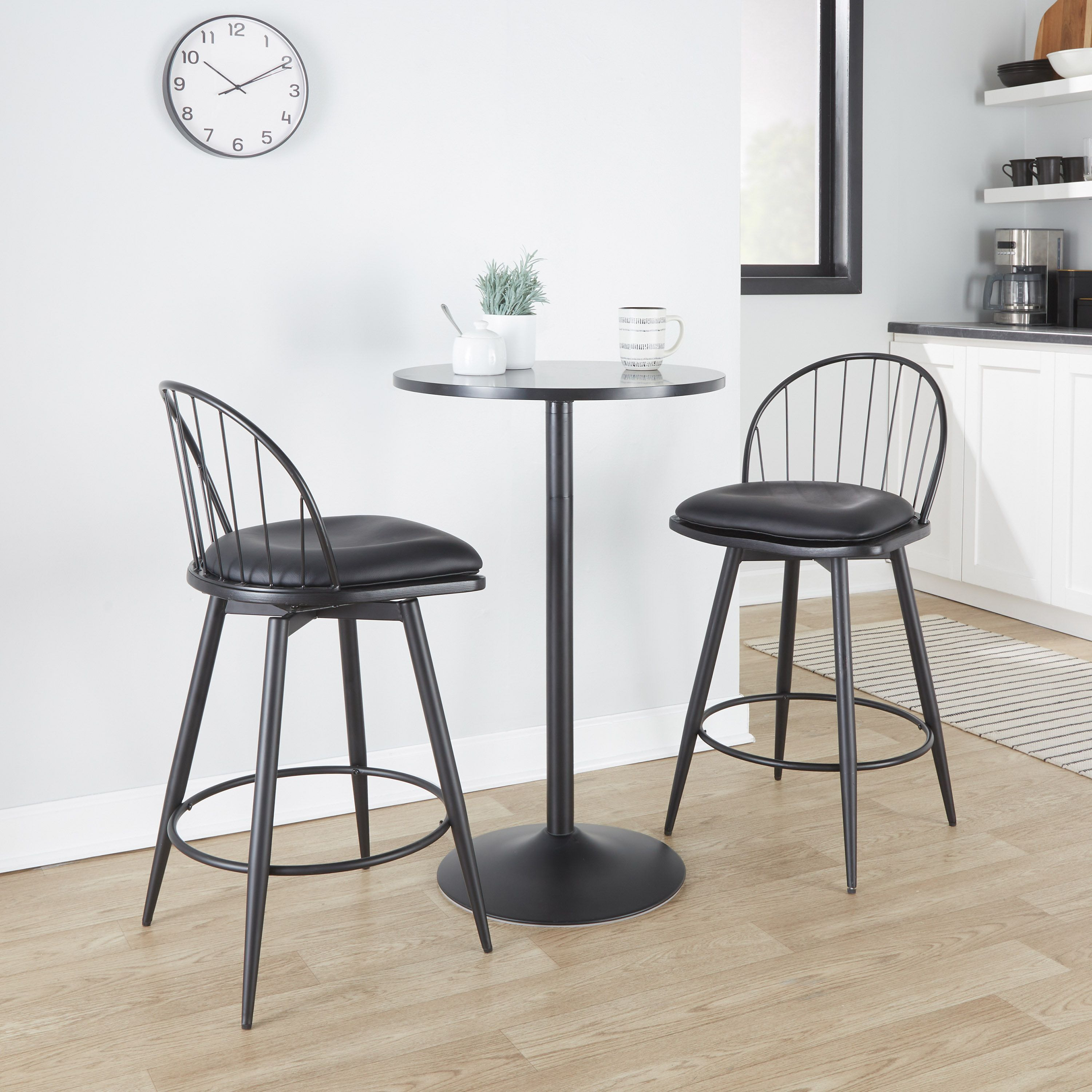 Riley 26"" Farmhouse Fixed-Height Counter Stool With Swivel In Matte Black Metal  Black Wood And Black Faux Leather With Round Black Metal Footrest By Lumisource - Set Of 2