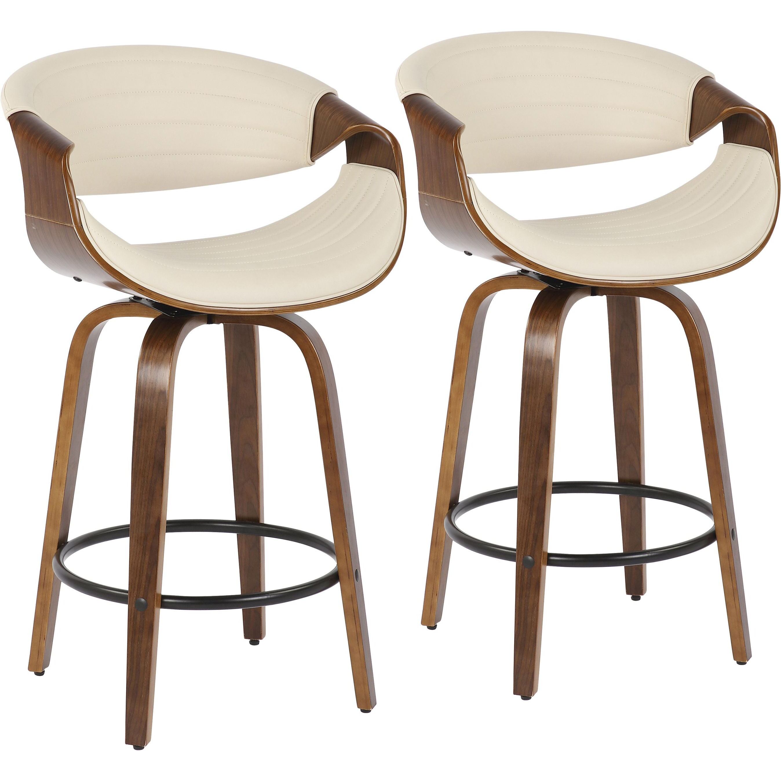 Symphony Mid-Century Modern Counter Stool In Walnut And Cream Faux Leather By Lumisource - Set Of 2