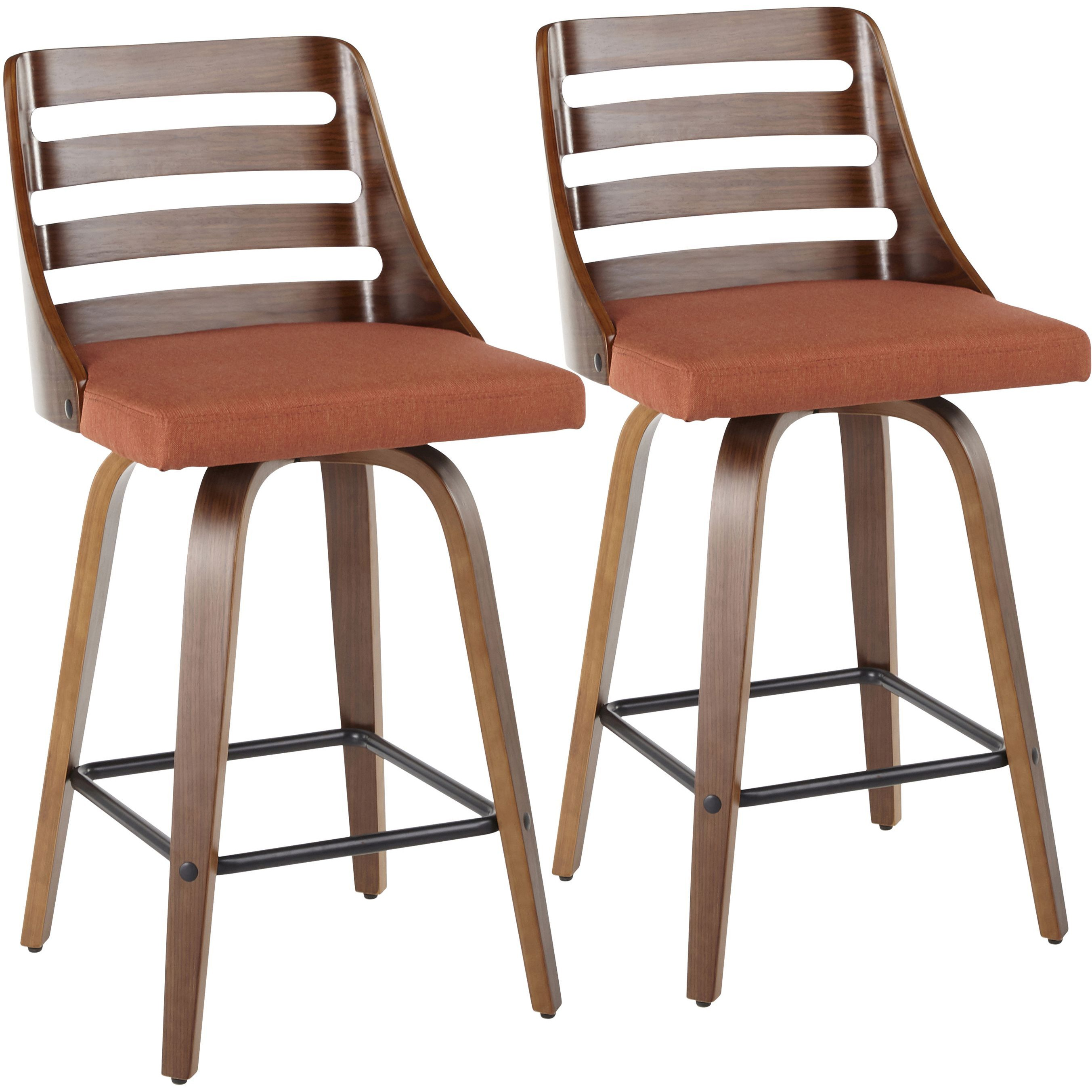 Trevi Mid-Century Modern Counter Stool In Walnut Wood And Orange Fabric By Lumisource - Set Of 2