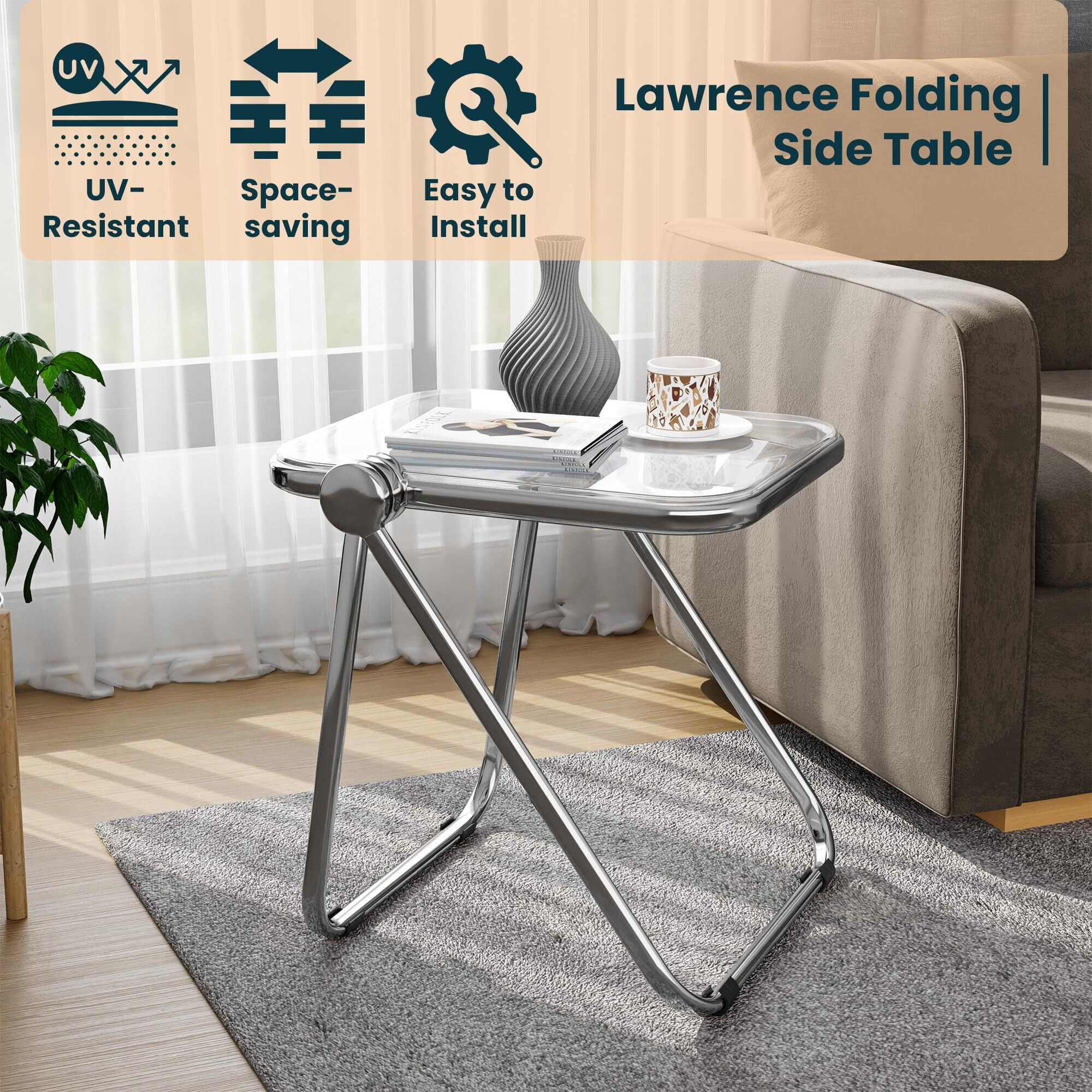 Leisuremod Lawrence Mid-Century Modern Rectangular Folding Side Table In Chrome Finish With Plastic Tabletop And Aluminum Frame For Living Room And Bedroom  Clear