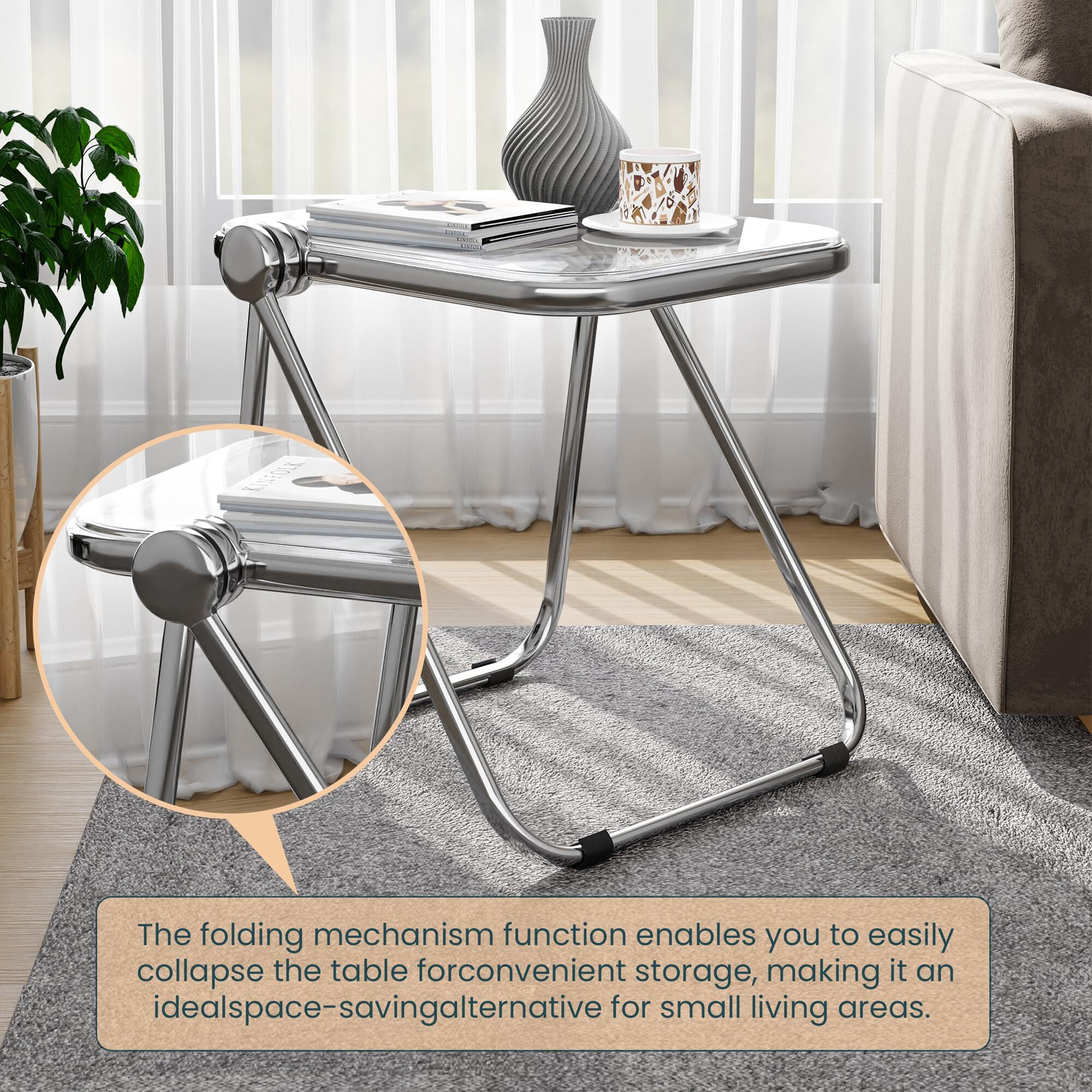 Leisuremod Lawrence Mid-Century Modern Rectangular Folding Side Table In Chrome Finish With Plastic Tabletop And Aluminum Frame For Living Room And Bedroom  Clear