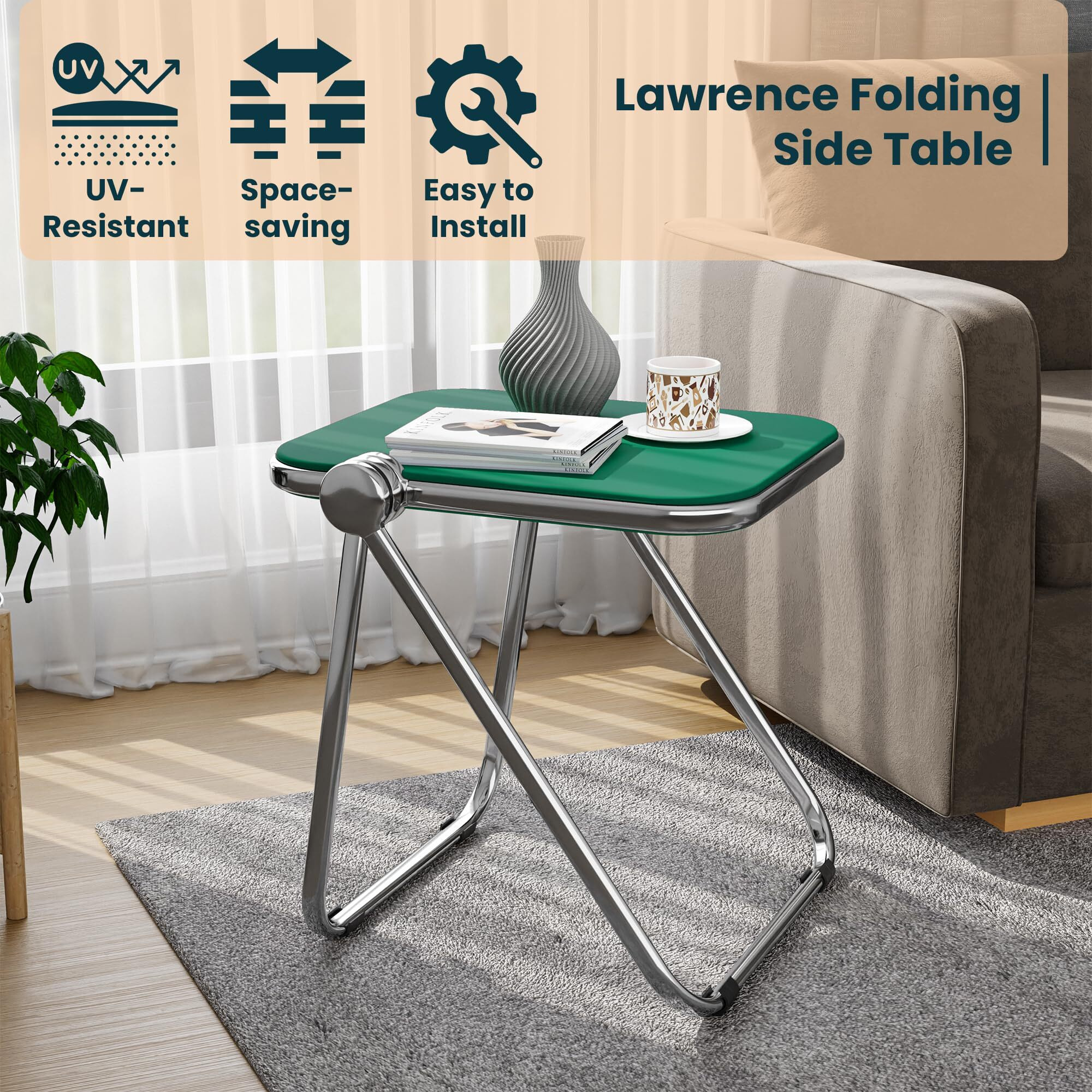 Leisuremod Lawrence Mid-Century Modern Rectangular Folding Side Table In Chrome Finish With Plastic Tabletop And Aluminum Frame For Living Room And Bedroom  Green