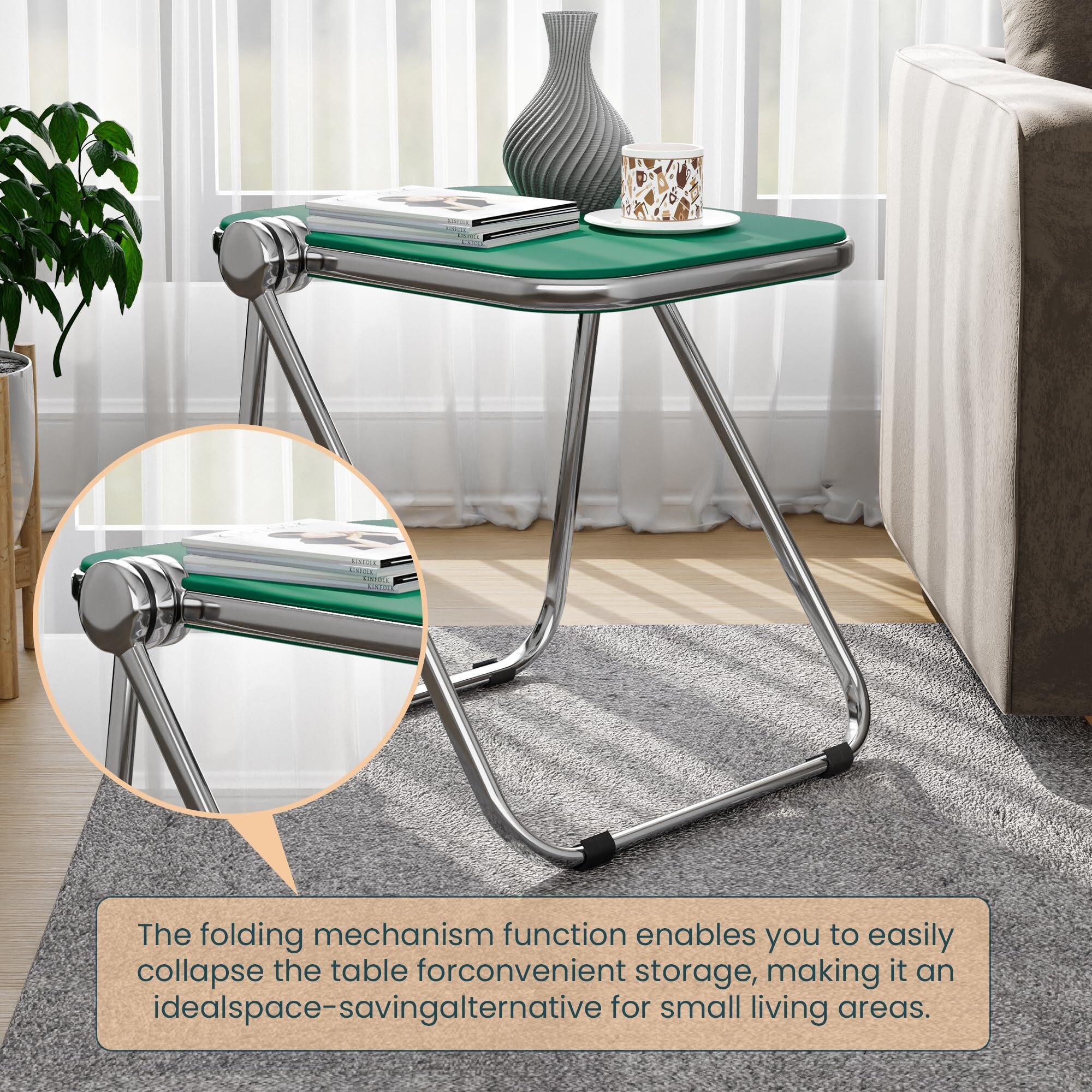 Leisuremod Lawrence Mid-Century Modern Rectangular Folding Side Table In Chrome Finish With Plastic Tabletop And Aluminum Frame For Living Room And Bedroom  Green