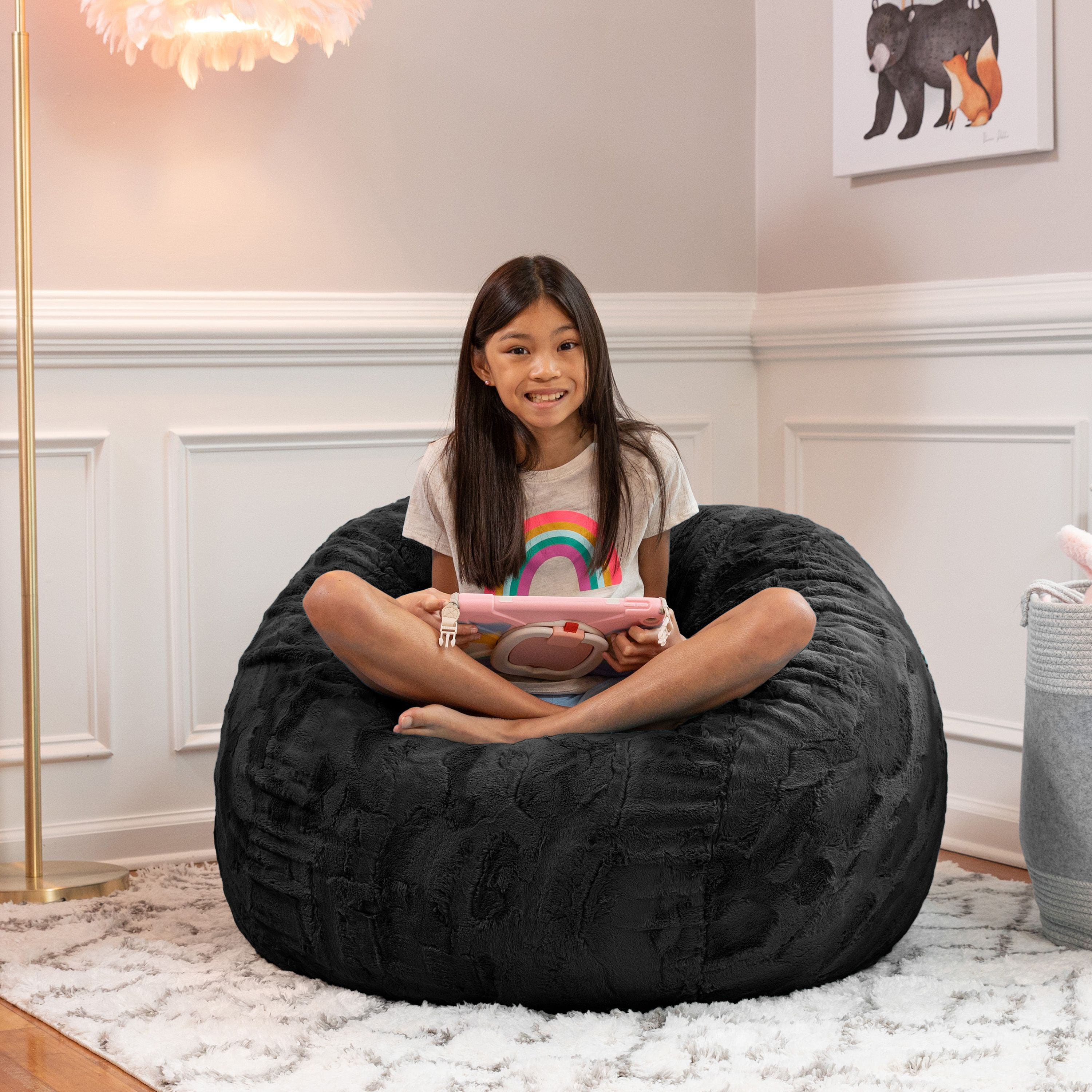 Jaxx Saxx 3 Foot Bean Bag Chair - Faux Fur - Fun Colors  Black