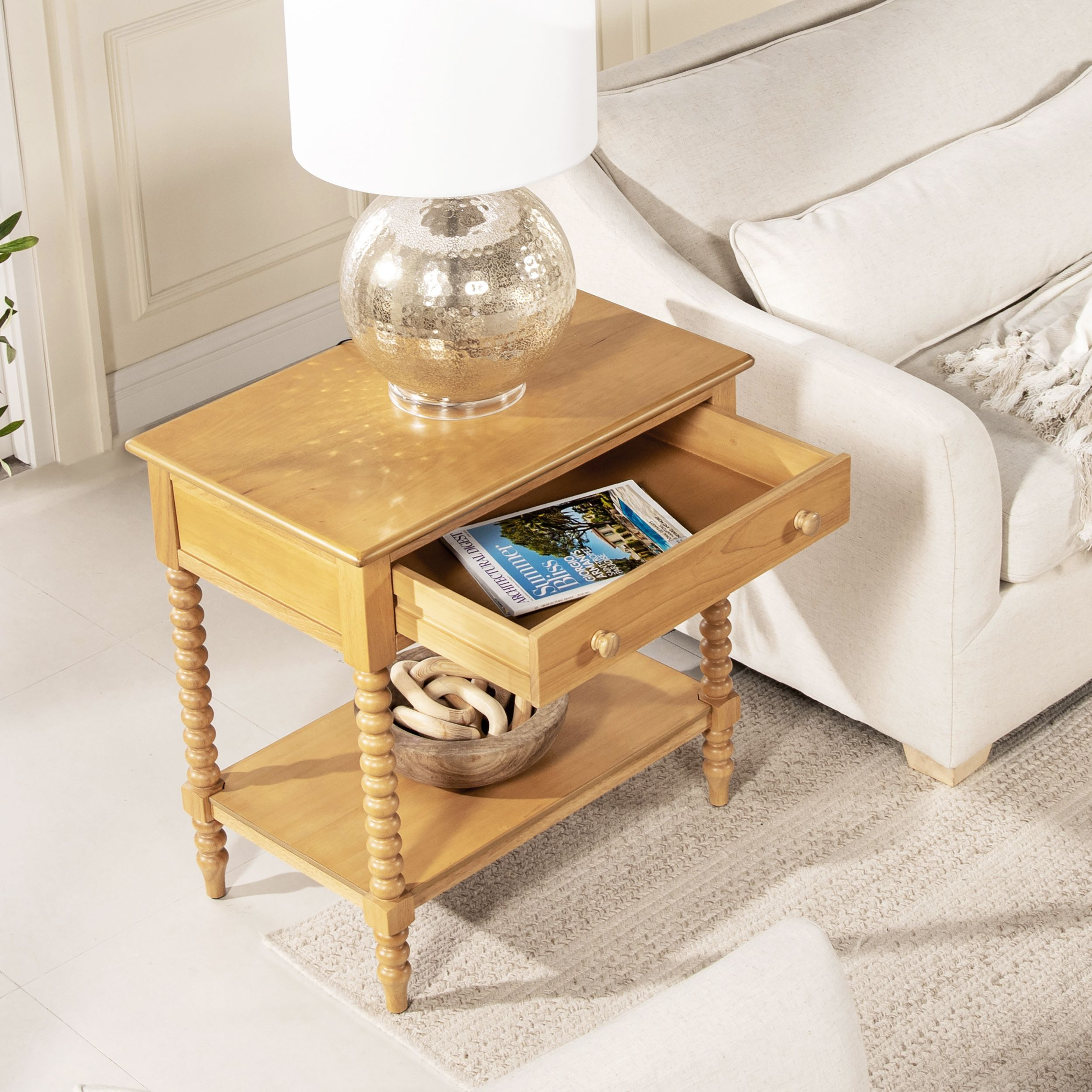 Easton 28"" Modern Farmhouse Turned 1-Drawer Storage Side Table With Shelf  Natural Brown Wood