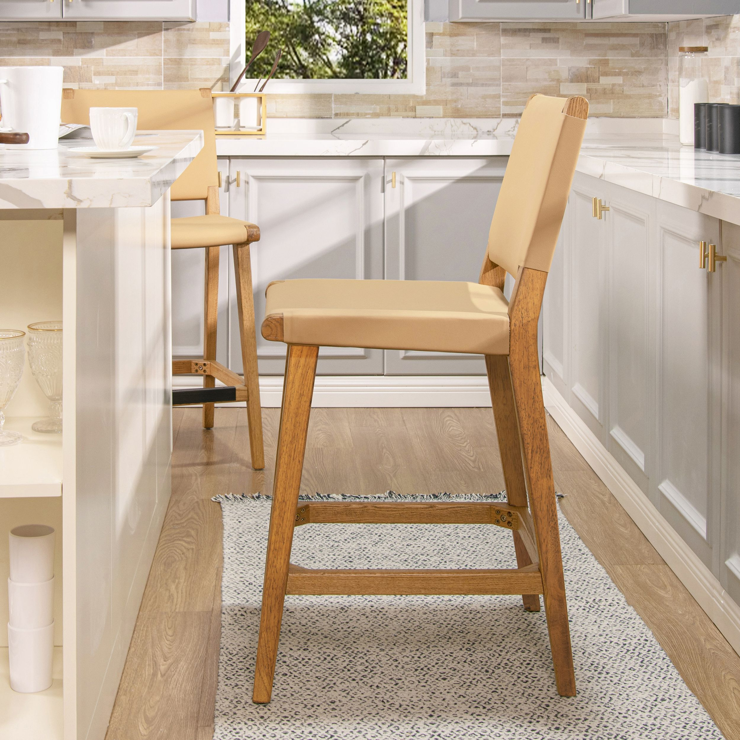 Pierre 26"" Farmhouse Saddle Kitchen Island Counter Stool With Back  Sunkissed Beige Leather & Natural Wood