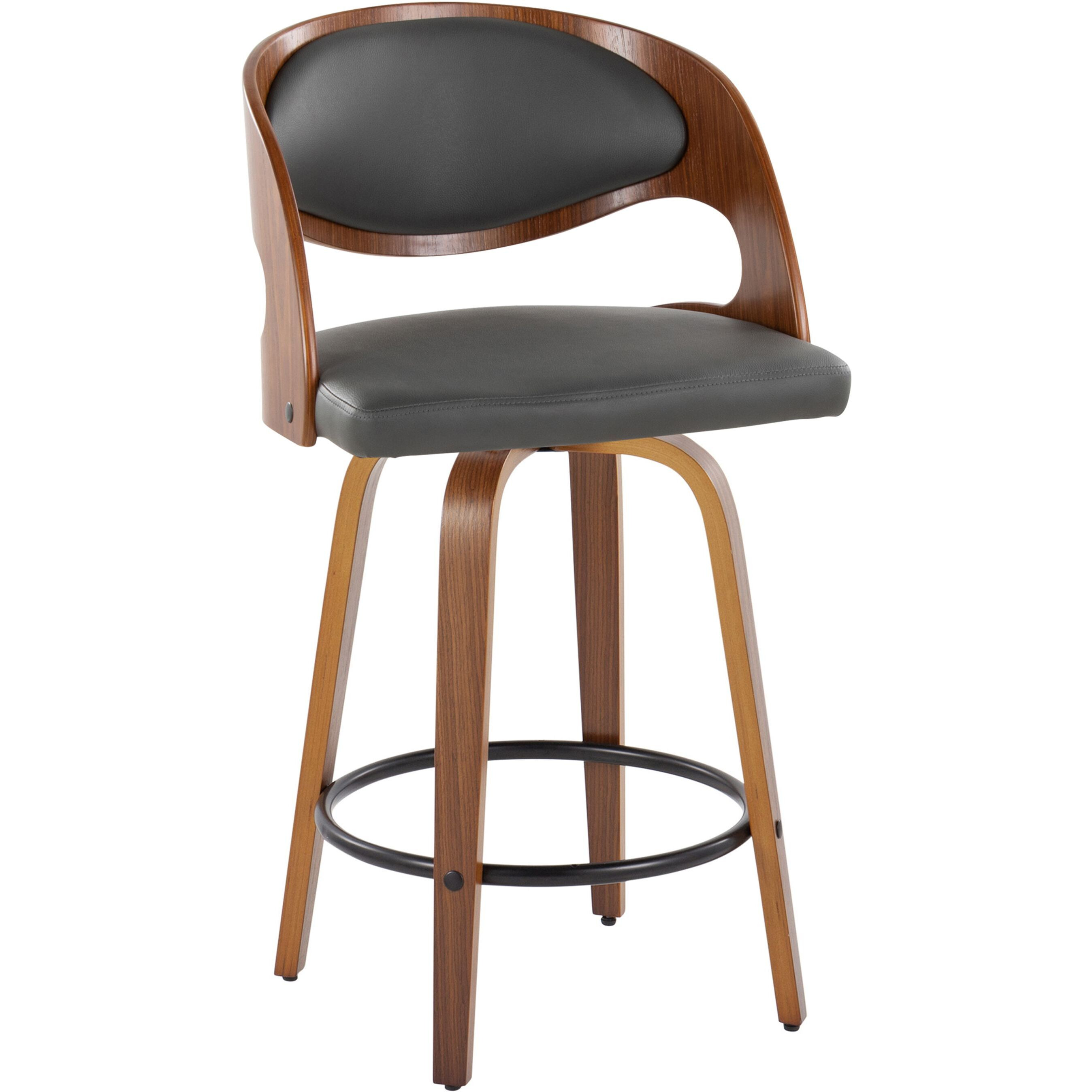 Pino 26"" Mid-Century Modern Fixed-Height Barstool With Swivel In Walnut Wood And Grey Faux Leather With Round Black Metal Footrest By Lumisource - Set Of 2