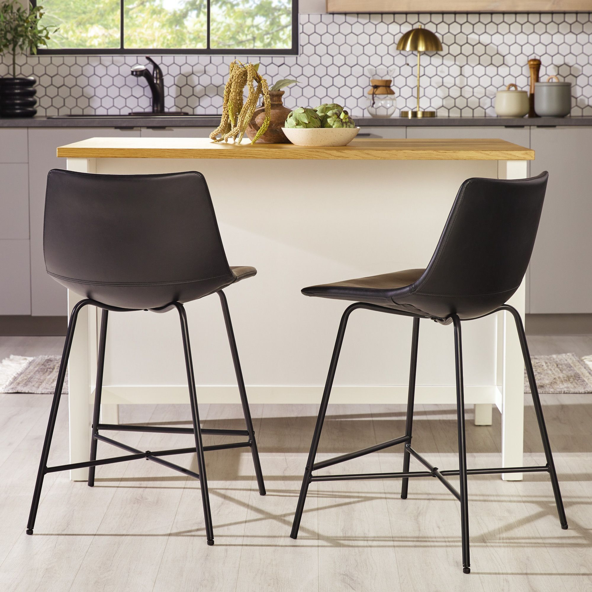 Modern Upholstered Counter Stool With Metal X Base  Set Of 2  Black