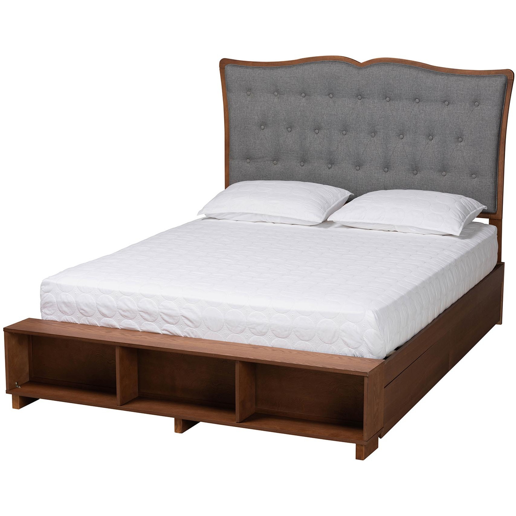 Baxton Studio Irena Classic Transitional Grey Fabric And Walnut Brown Finished Wood Queen Size Platform Storage Bed