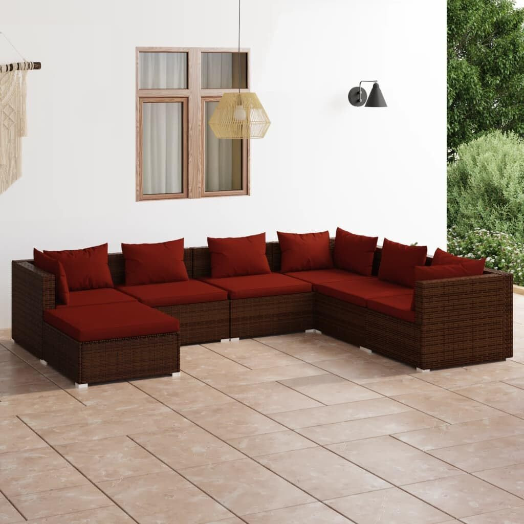 Vidaxl - 7 Piece Patio Lounge Set With Cushions - Poly Rattan  Outdoor Furniture  Brown  Comfortable Red Fabric Cushions  Sturdy Steel Frame  Enhancing Backyards And Patios.