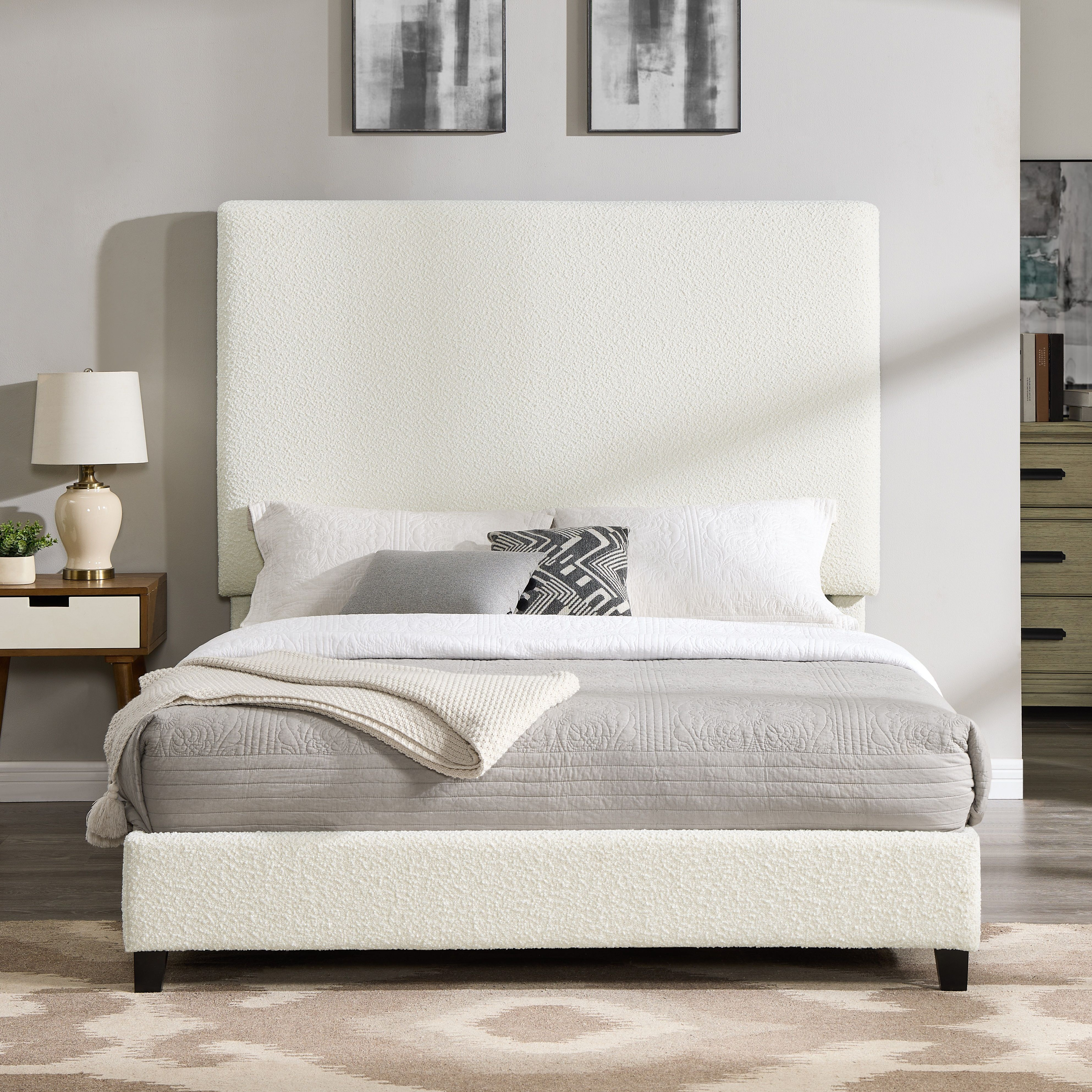 Bridgevine Home Queen Size White Boucle Upholstered Platform Bed