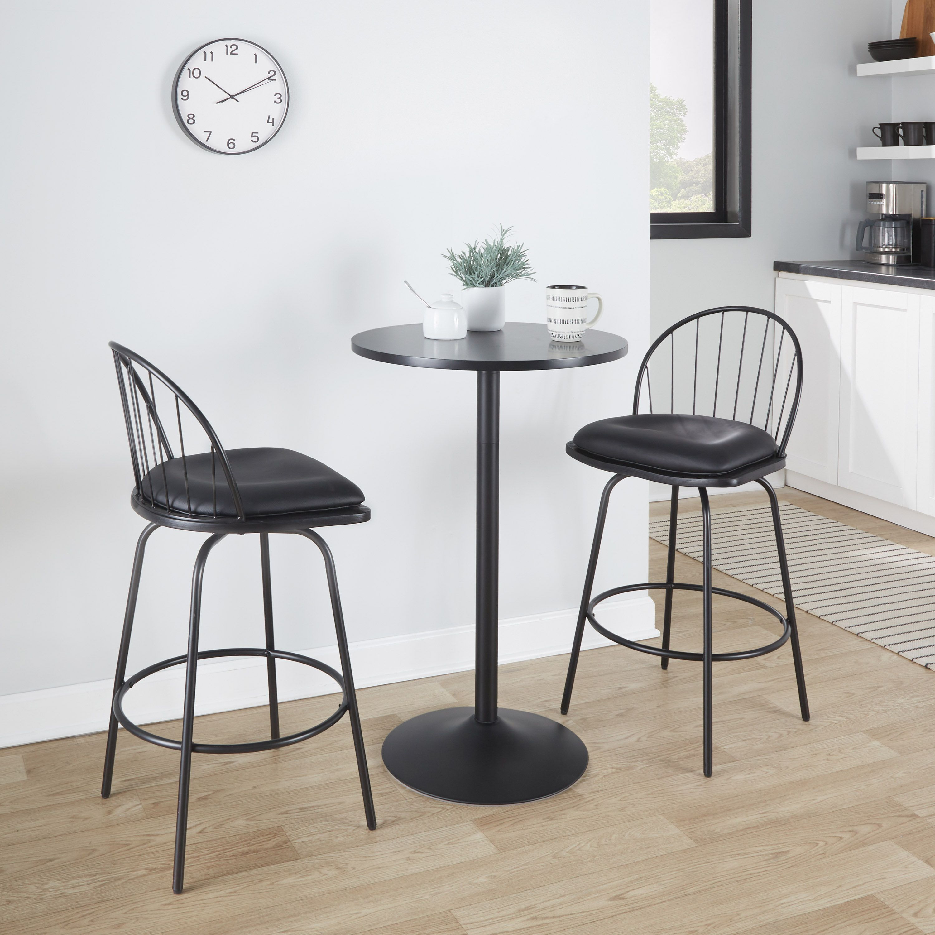 Riley Claire 26"" Farmhouse Fixed-Height Counter Stool With Swivel In Black Metal  Black Wood And Black Faux Leather With Round Black Metal Footrest By Lumisource - Set Of 2