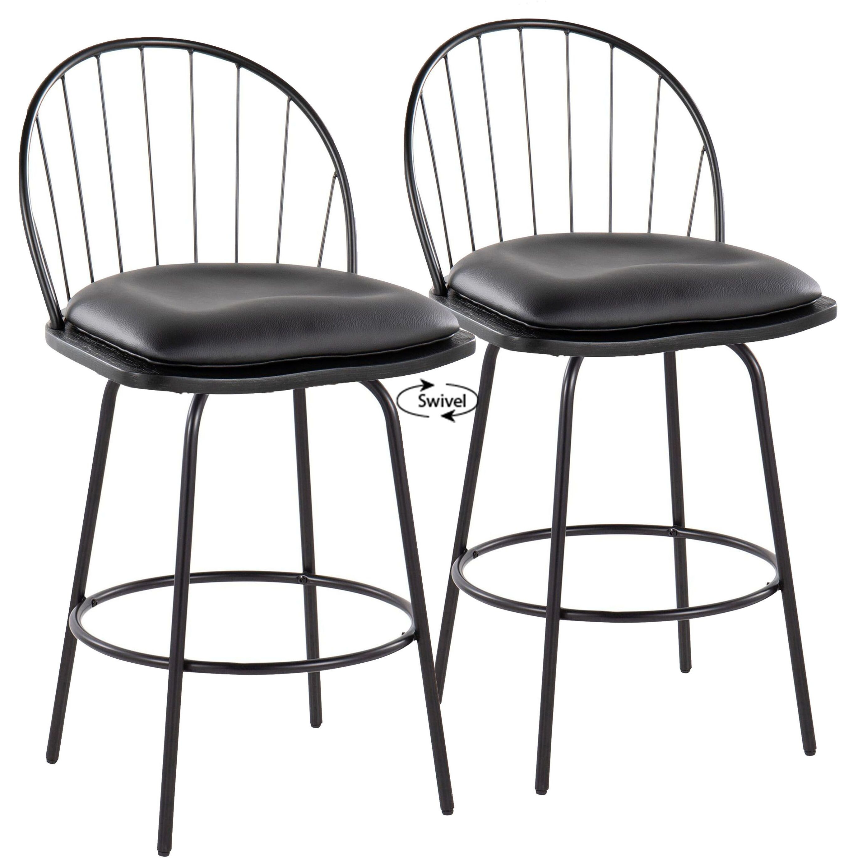 Riley Claire 26"" Farmhouse Fixed-Height Counter Stool With Swivel In Black Metal  Black Wood And Black Faux Leather With Round Black Metal Footrest By Lumisource - Set Of 2