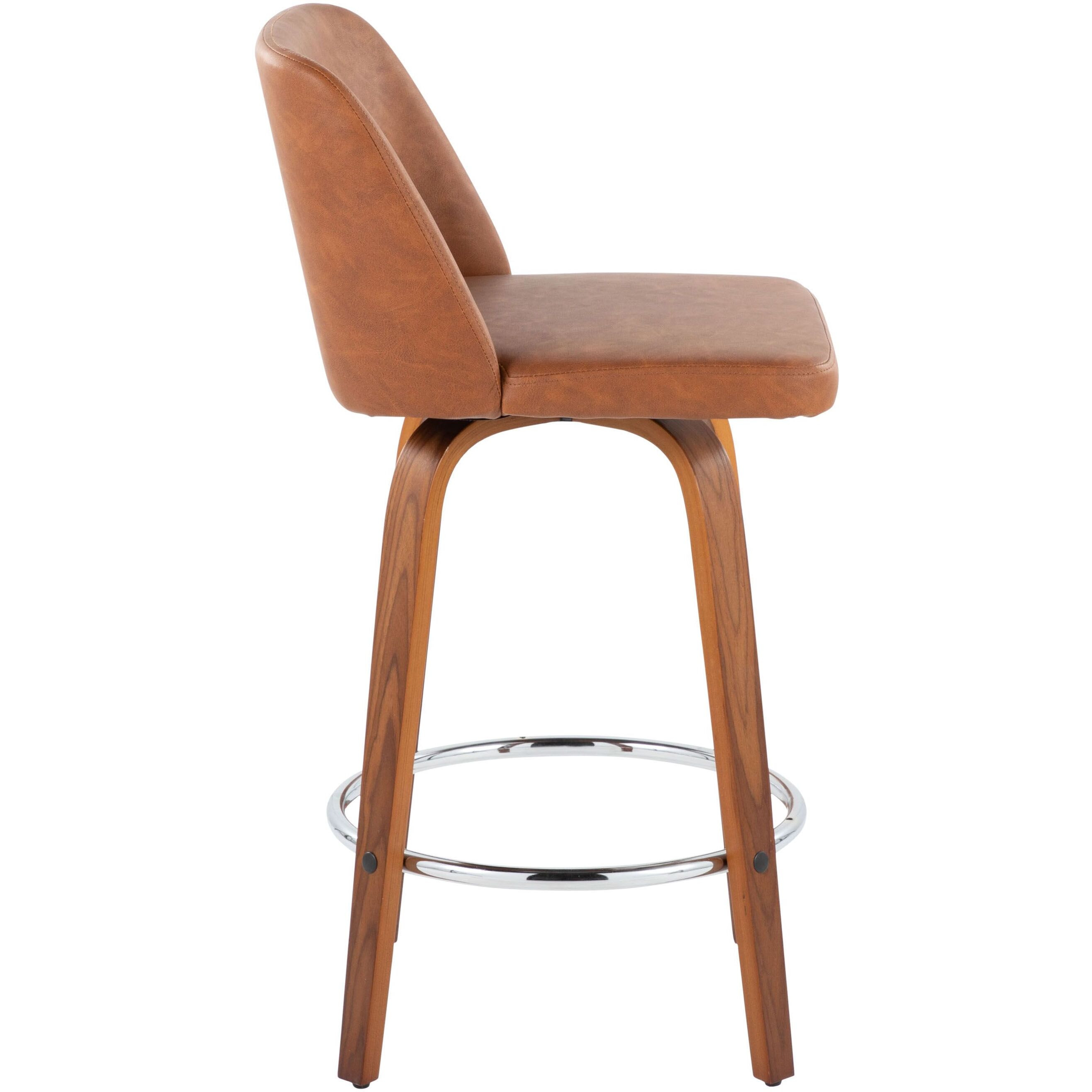 Toriano 26"" Mid-Century Modern Fixed Height Counter Stool With Swivel In Walnut Wood And Camel Faux Leather With Round Chrome Footrest By Lumisource - Set Of 2