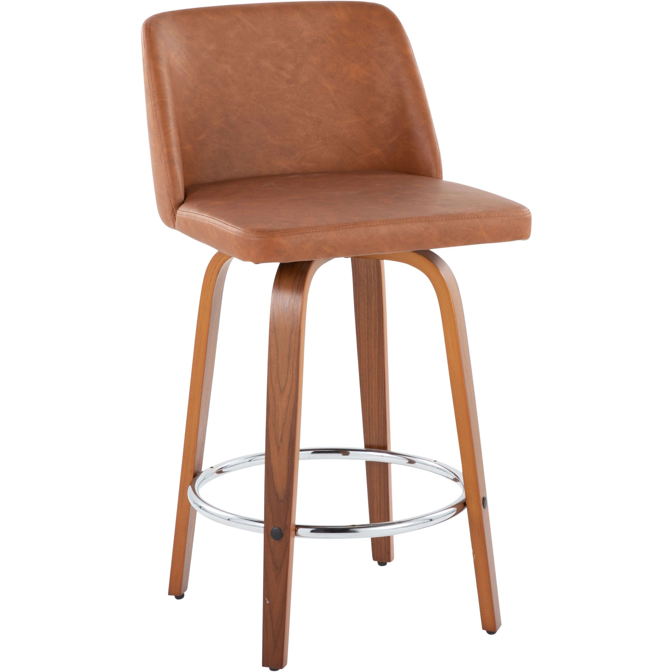 Toriano 26"" Mid-Century Modern Fixed Height Counter Stool With Swivel In Walnut Wood And Camel Faux Leather With Round Chrome Footrest By Lumisource - Set Of 2