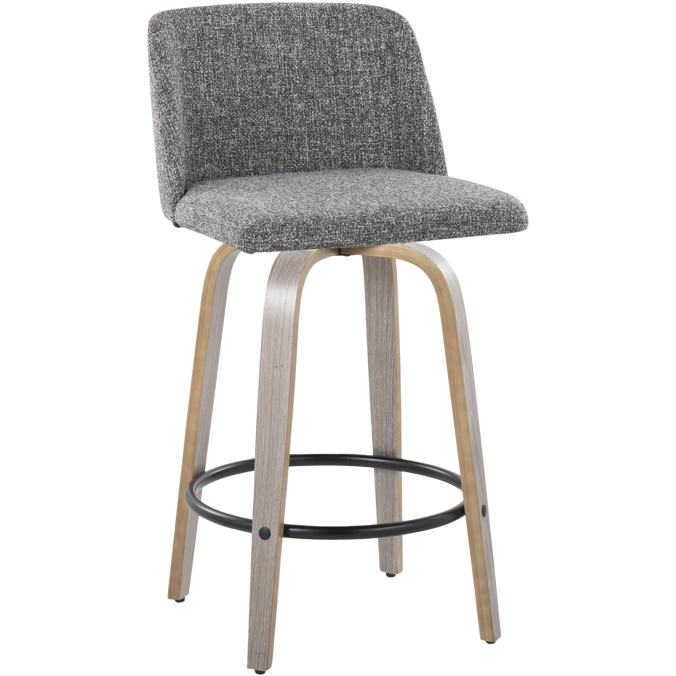 Toriano 26"" Contemporary Fixed Height Counter Stool With Swivel In Light Grey Wood And Grey Noise Fabric With Round Black Metal Footrest By Lumisource - Set Of 2