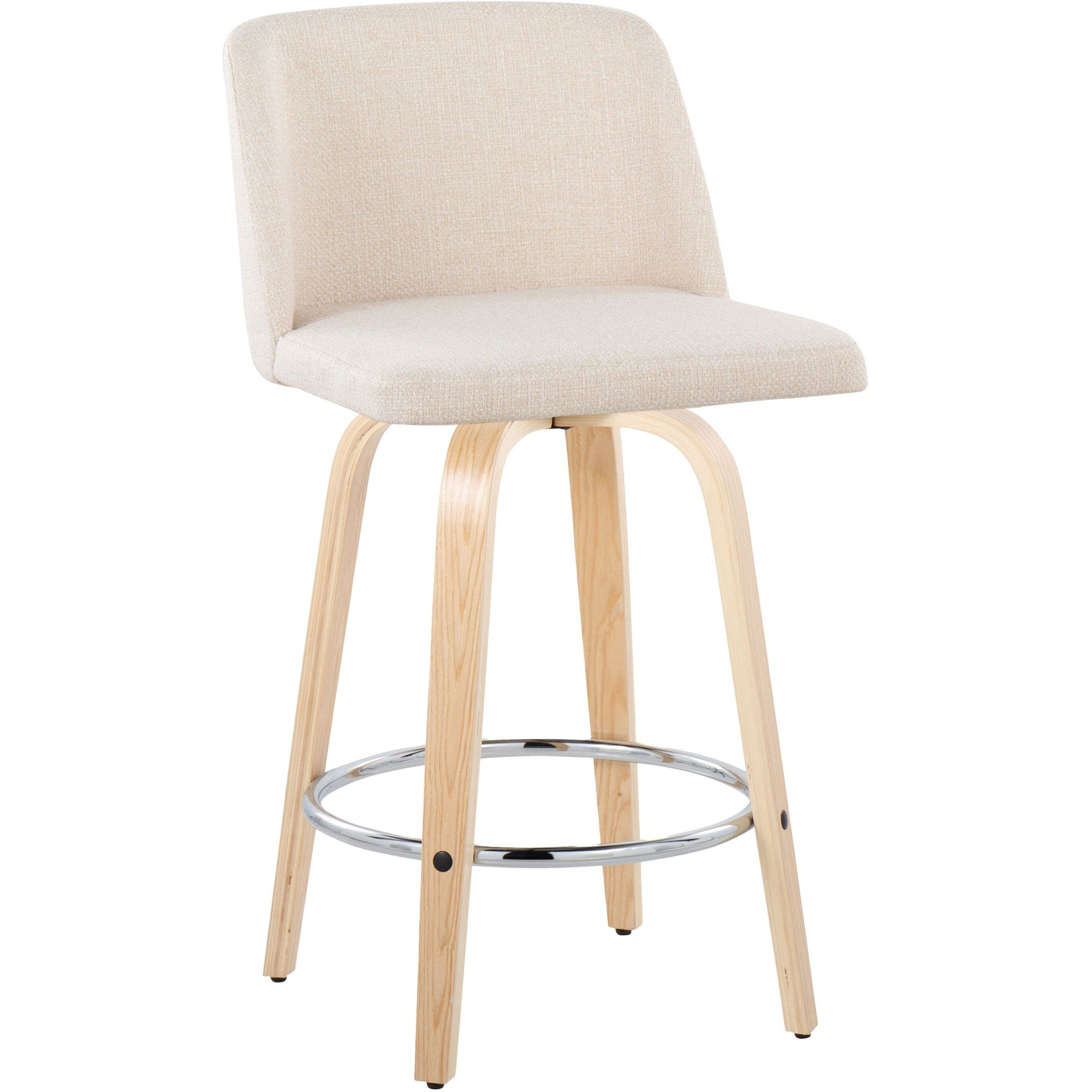 Toriano 26"" Contemporary Fixed Height Counter Stool With Swivel In Natural Wood And Cream Noise Fabric With Round Chrome Metal Footrest By Lumisource - Set Of 2