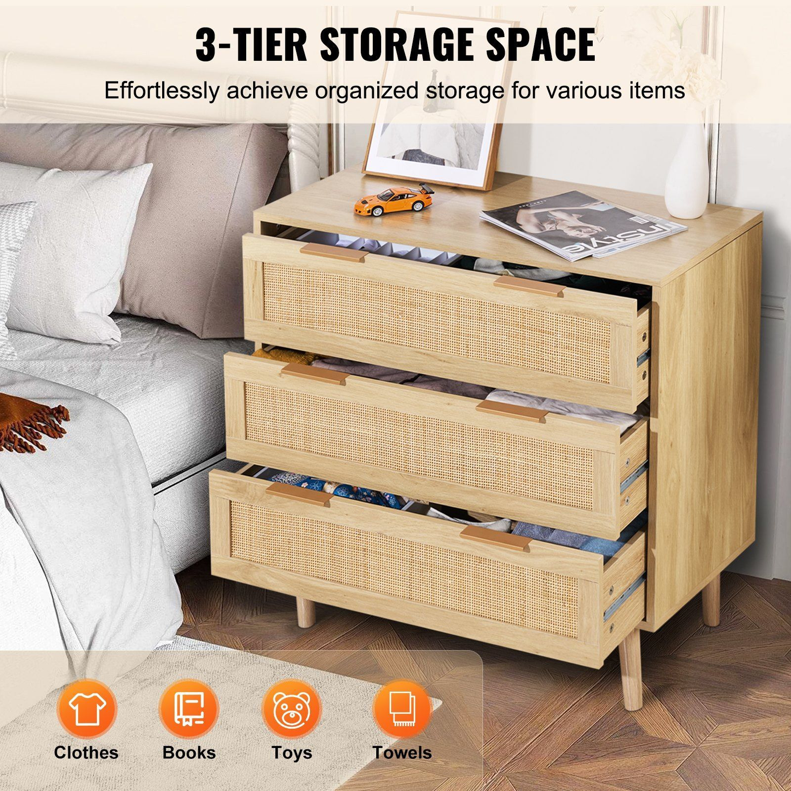 Vevor 3 Drawer Rattan Dresser  Boho Dresser  Rattan Chest Of Drawers With Spacious Storage  Natural Rattan Dresser For Bedroom  Living Room  Rattan Nightstand With Sturdy Handles&Legs  Natural Wood