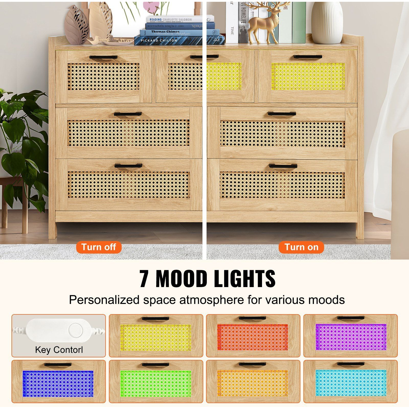 Vevor 7 Drawer Rattan Dresser  Boho Dresser  Natural Rattan Chest Of Drawers With Spacious Storage  For Bedroom  Living Room & Hallway  Rattan Nightstand With Sturdy Handles&Legs  Natural Wood