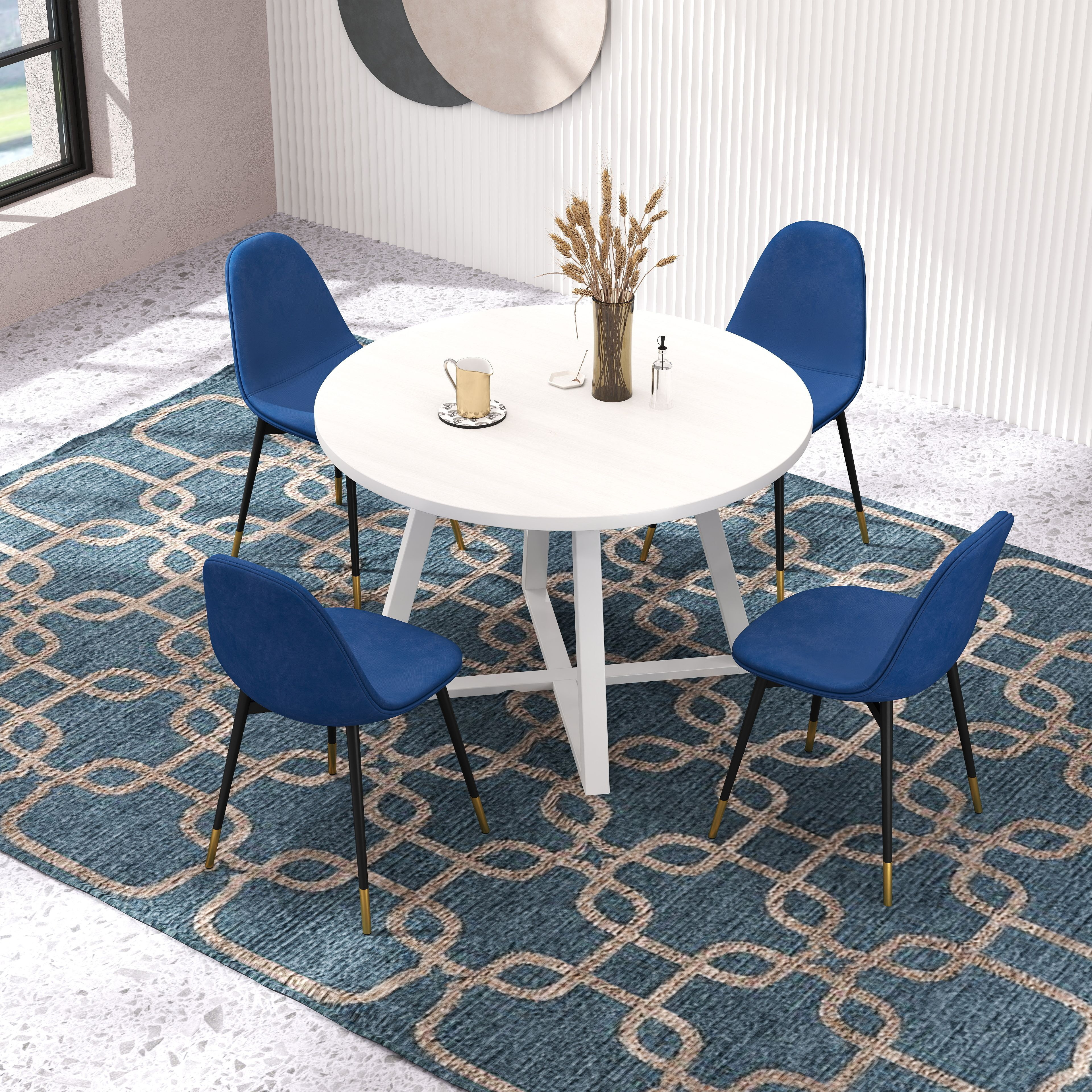 Evatt 5-Piece Round Dining Set  Trestle Round Table With 4 Stylish Chairs  Blue