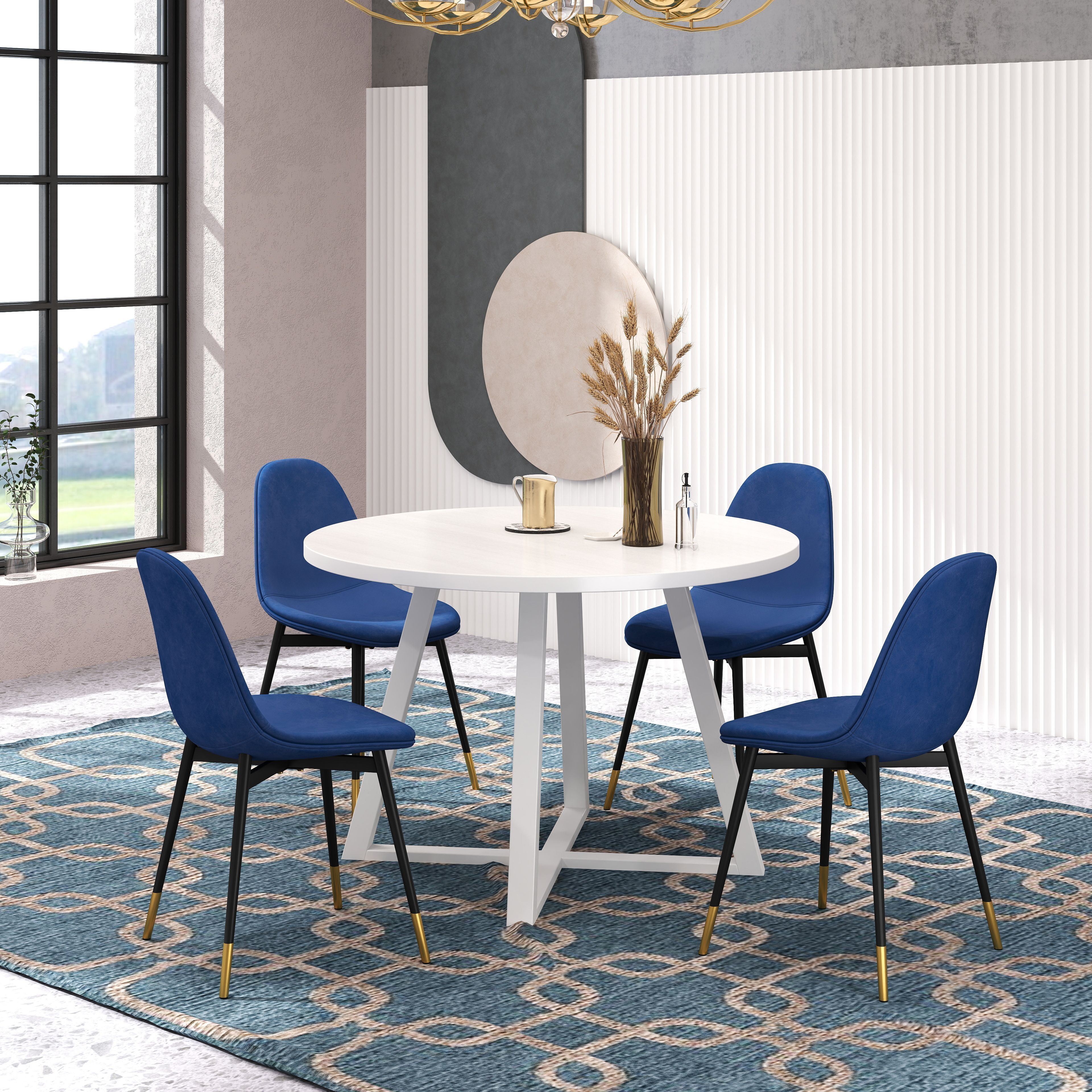 Evatt 5-Piece Round Dining Set  Trestle Round Table With 4 Stylish Chairs  Blue