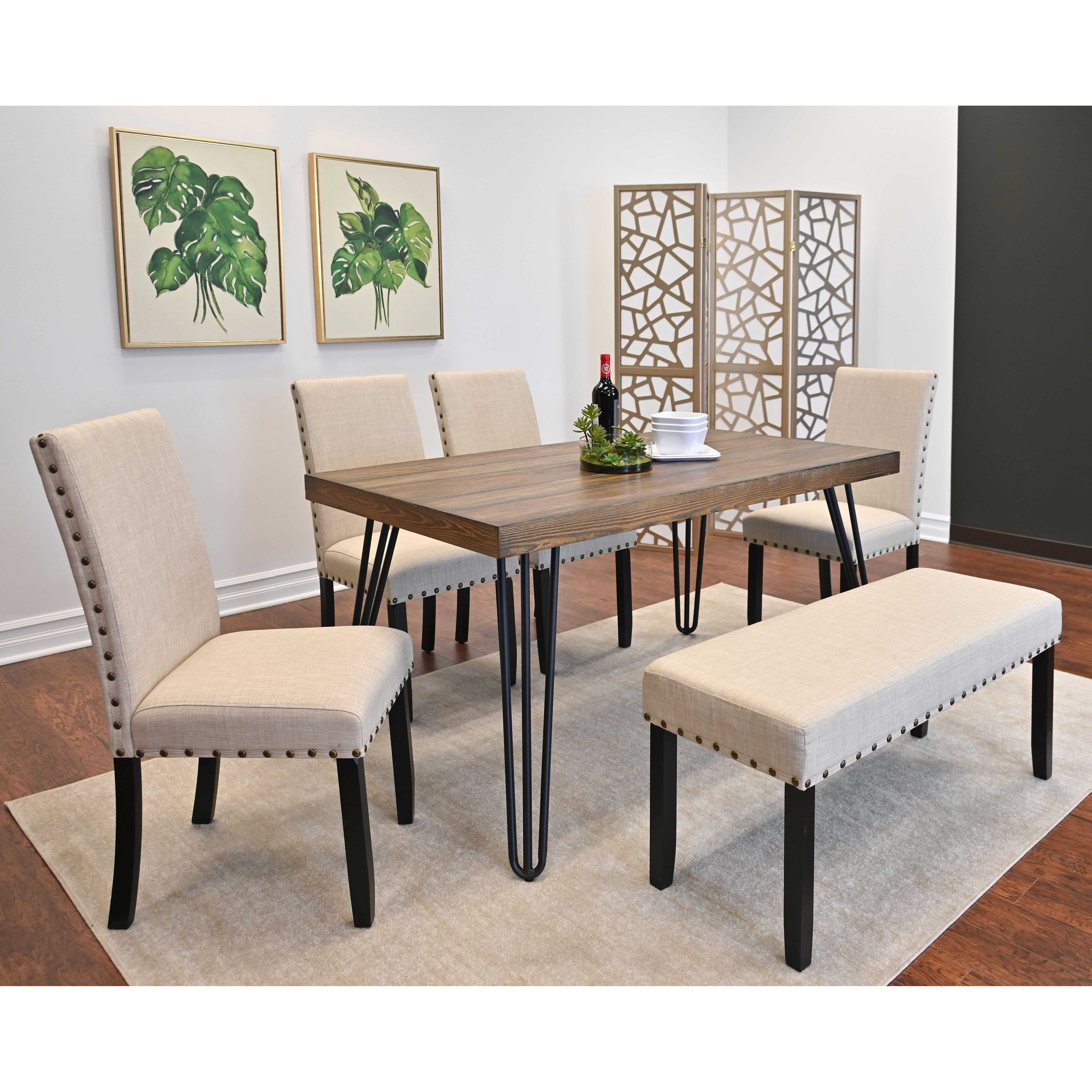 Amisos 6-Piece Dining Set  Hairpin Dining Table With 4 Chairs And Upholstery Bench  3 Color Options