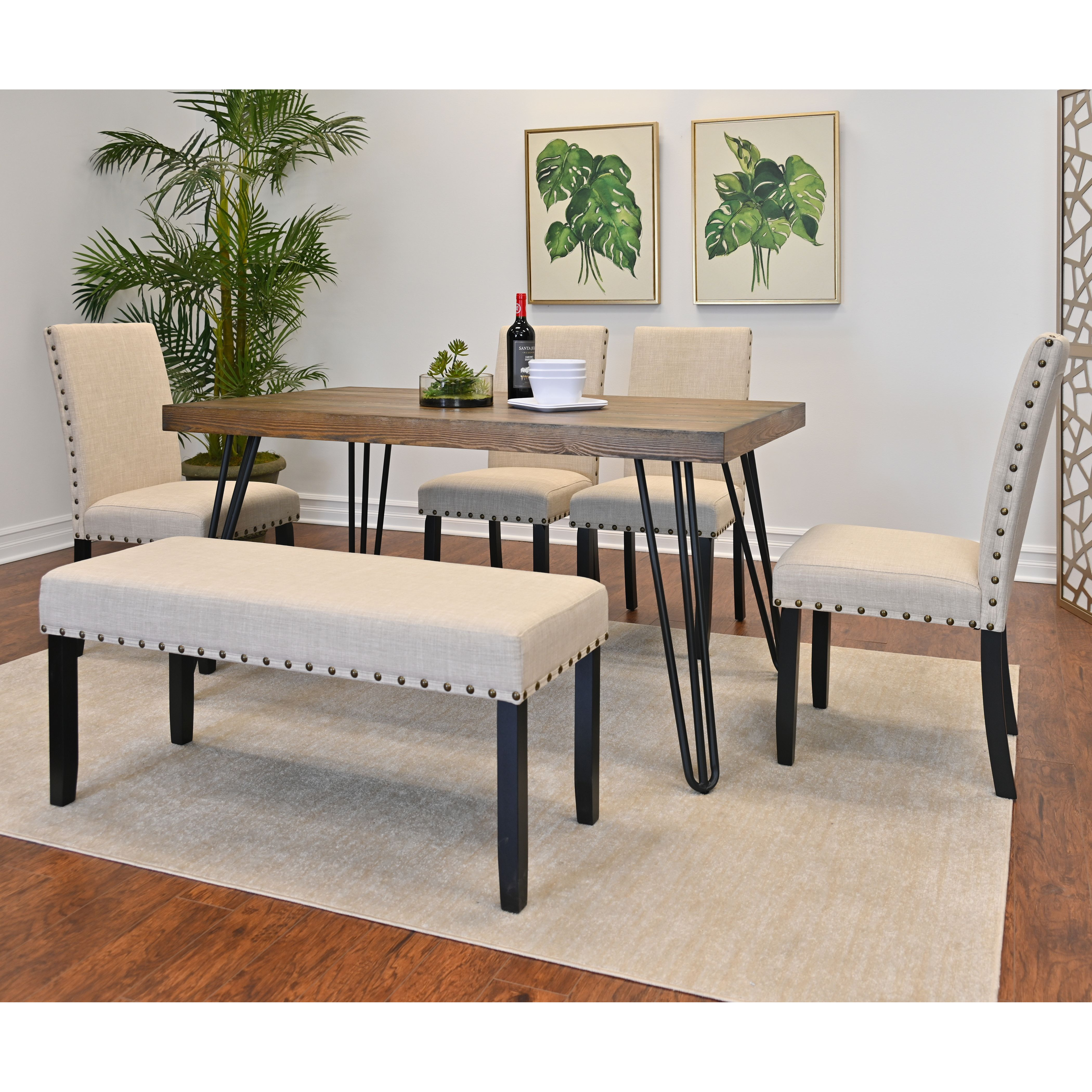 Amisos 6-Piece Dining Set  Hairpin Dining Table With 4 Chairs And Upholstery Bench  3 Color Options