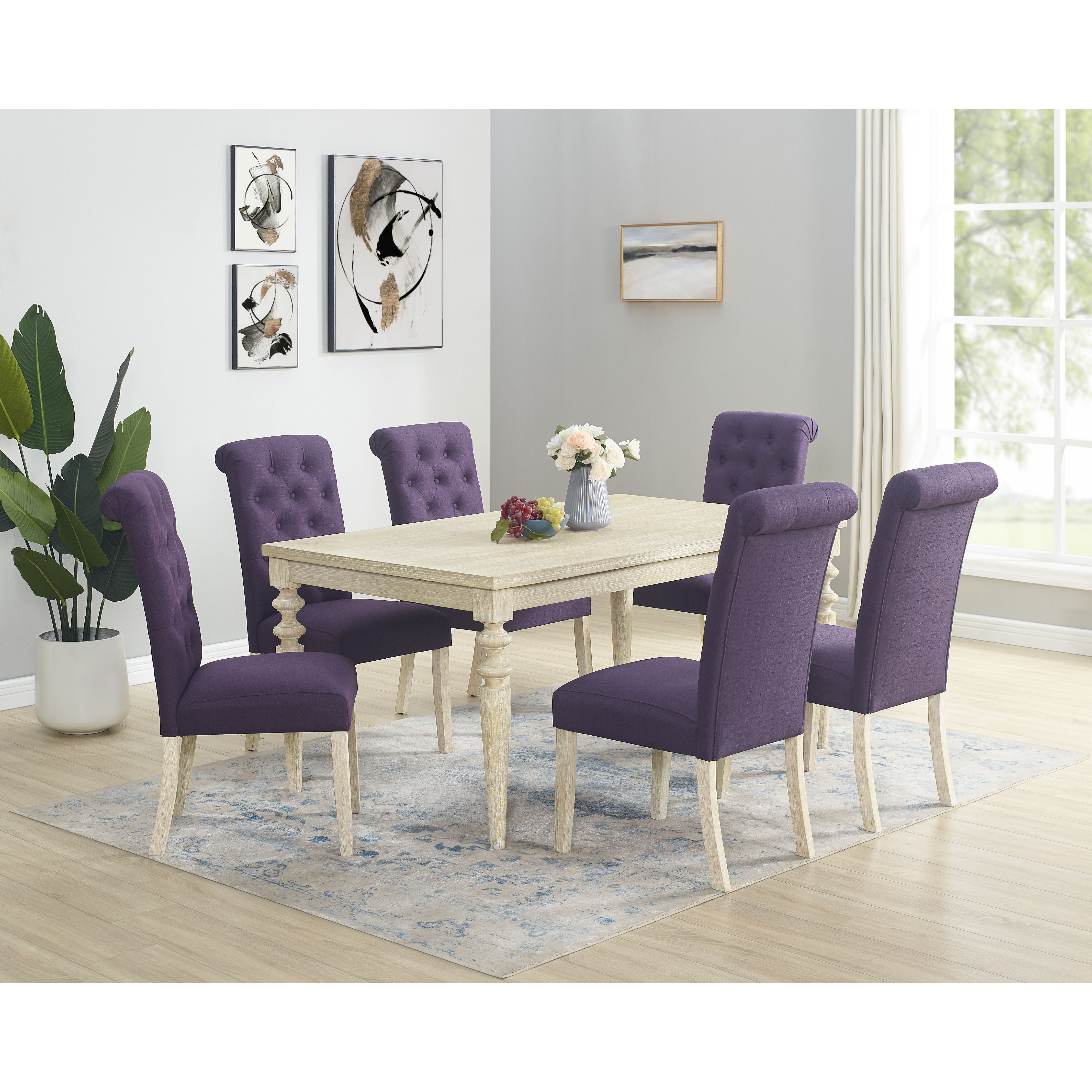 Amonia 7-Piece Dining Set  Turned-Leg Dining Table With 6 Tufted Chairs