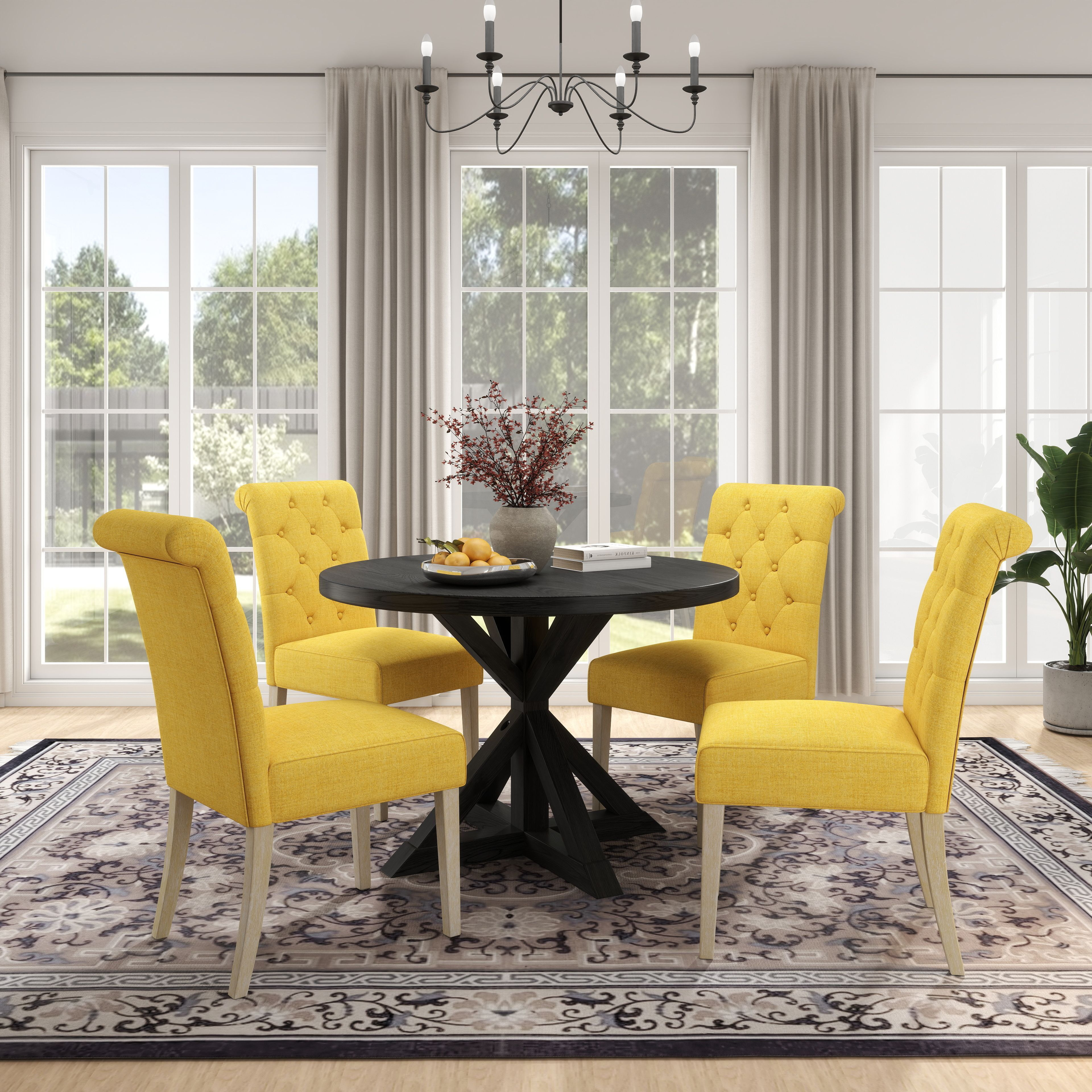 Banff 5-Piece Dining Set  Cross-Buck Round Table With 4 Tufted Chairs