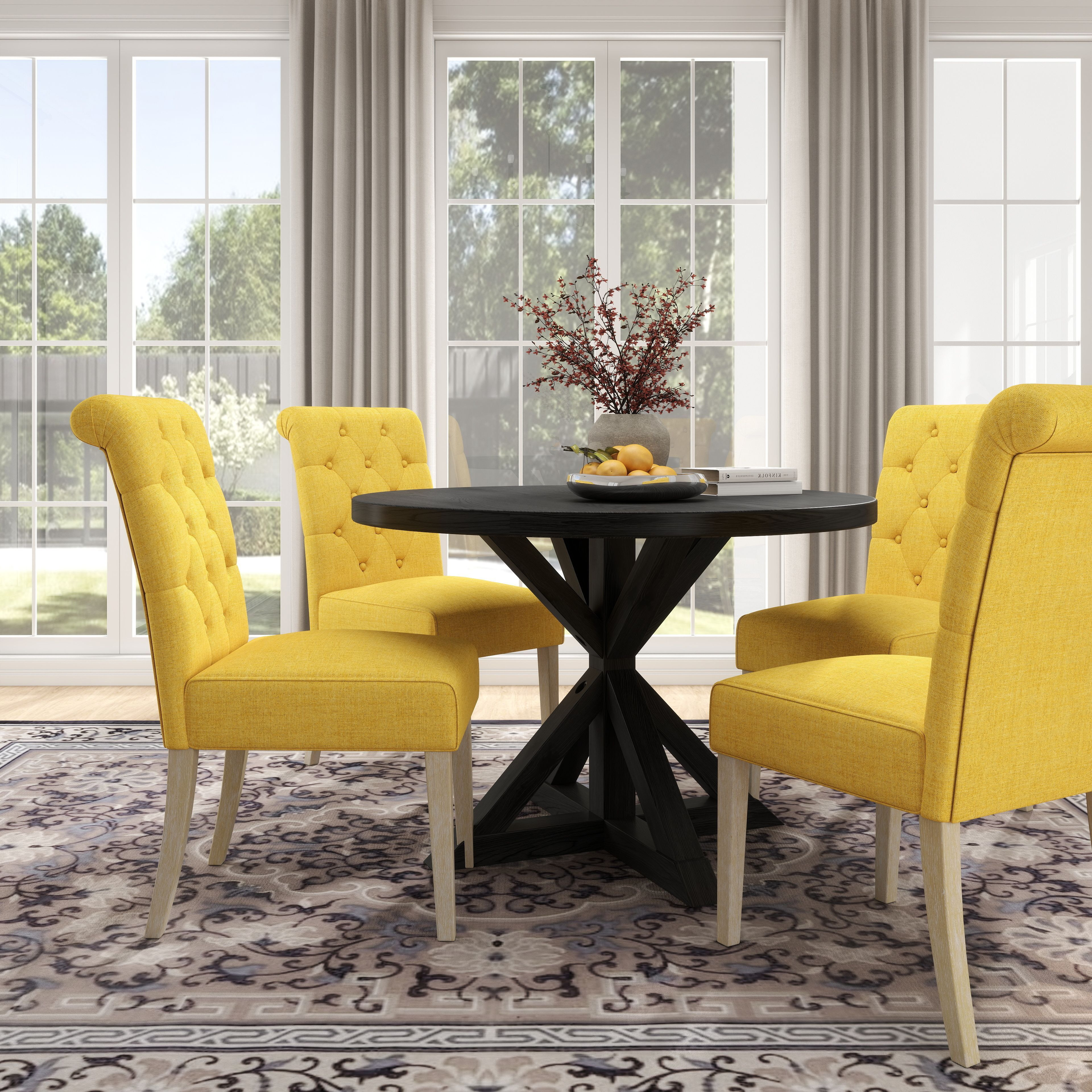 Banff 5-Piece Dining Set  Cross-Buck Round Table With 4 Tufted Chairs