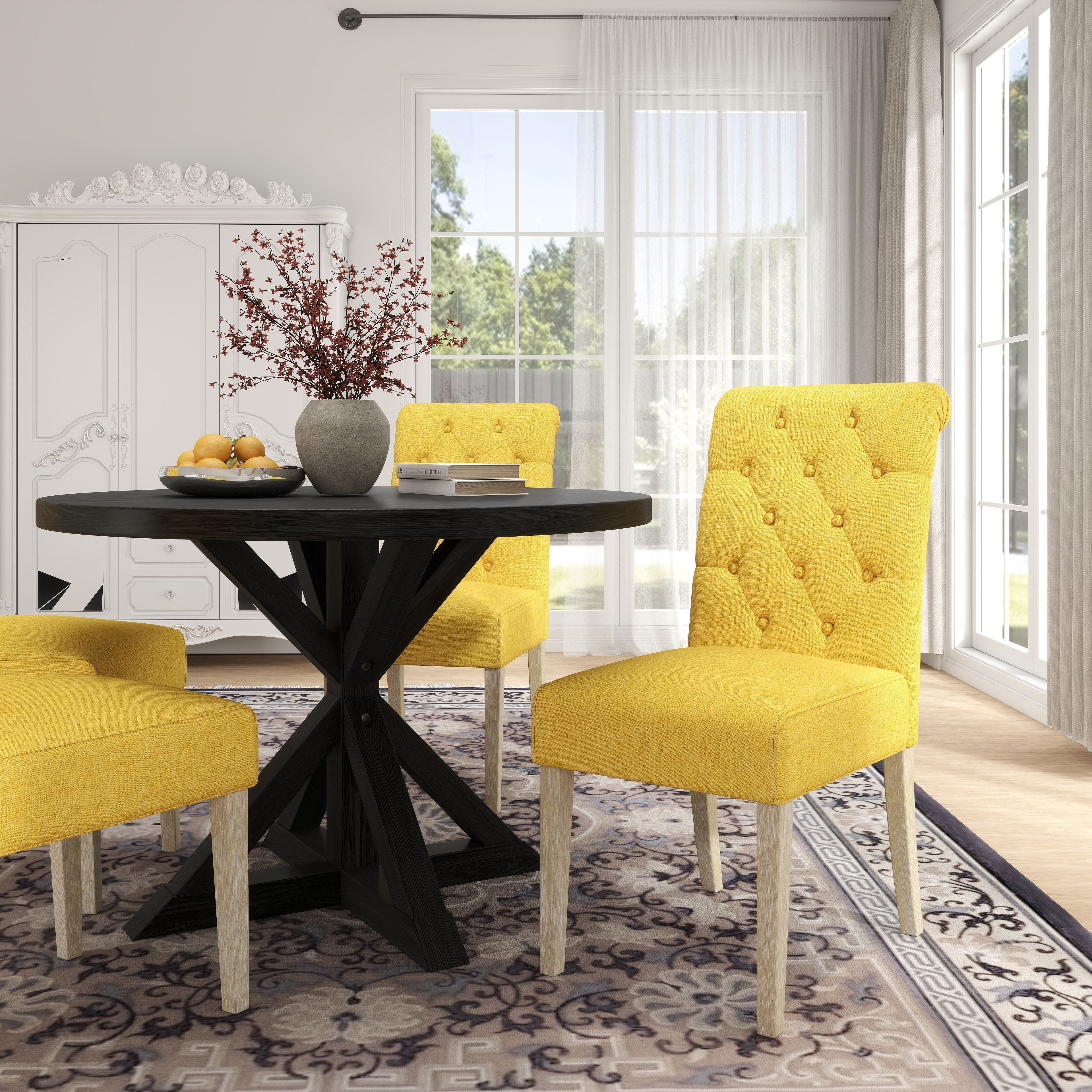 Banff 5-Piece Dining Set  Cross-Buck Round Table With 4 Tufted Chairs