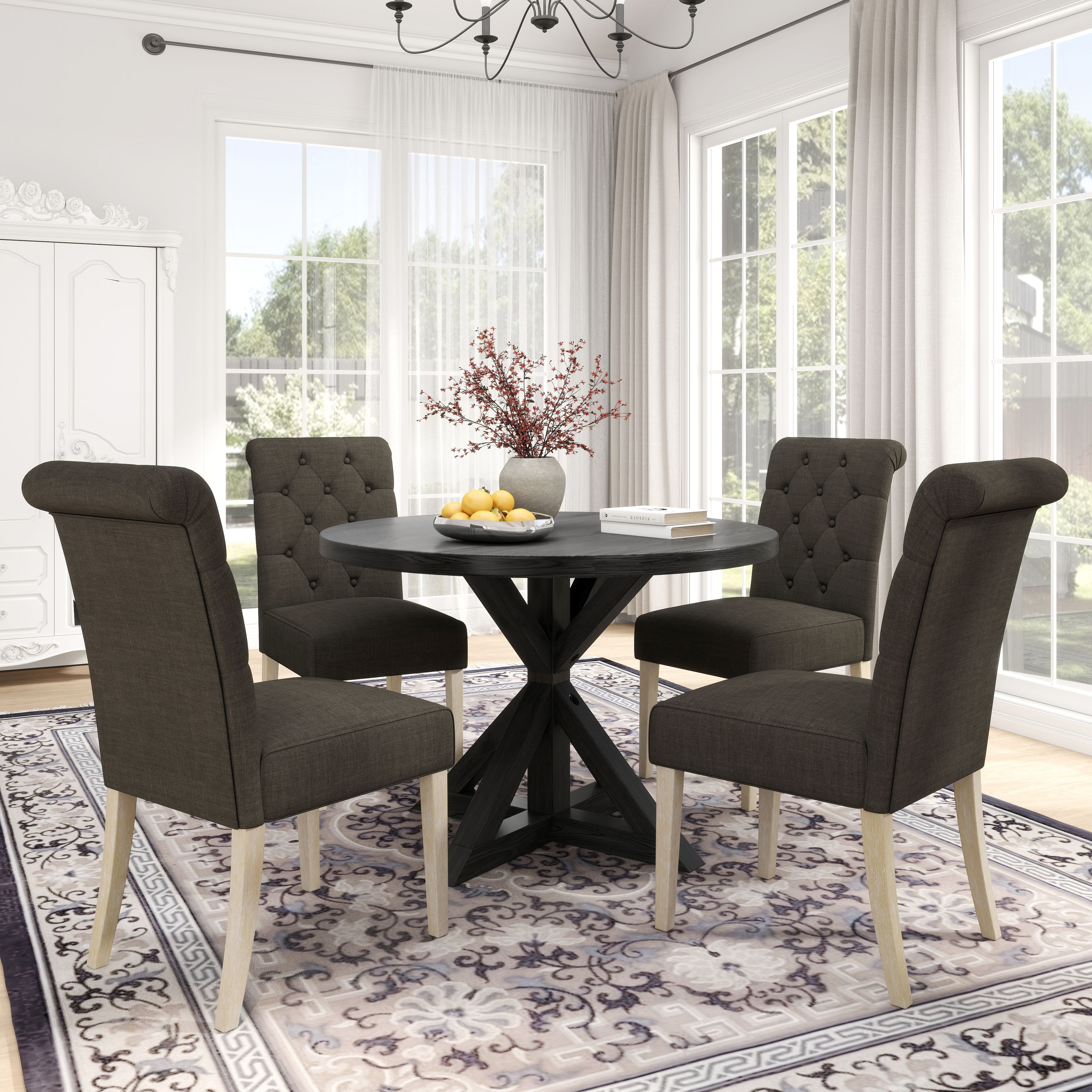 Banff 5-Piece Dining Set  Cross-Buck Round Table With 4 Tufted Chairs  Charcoal