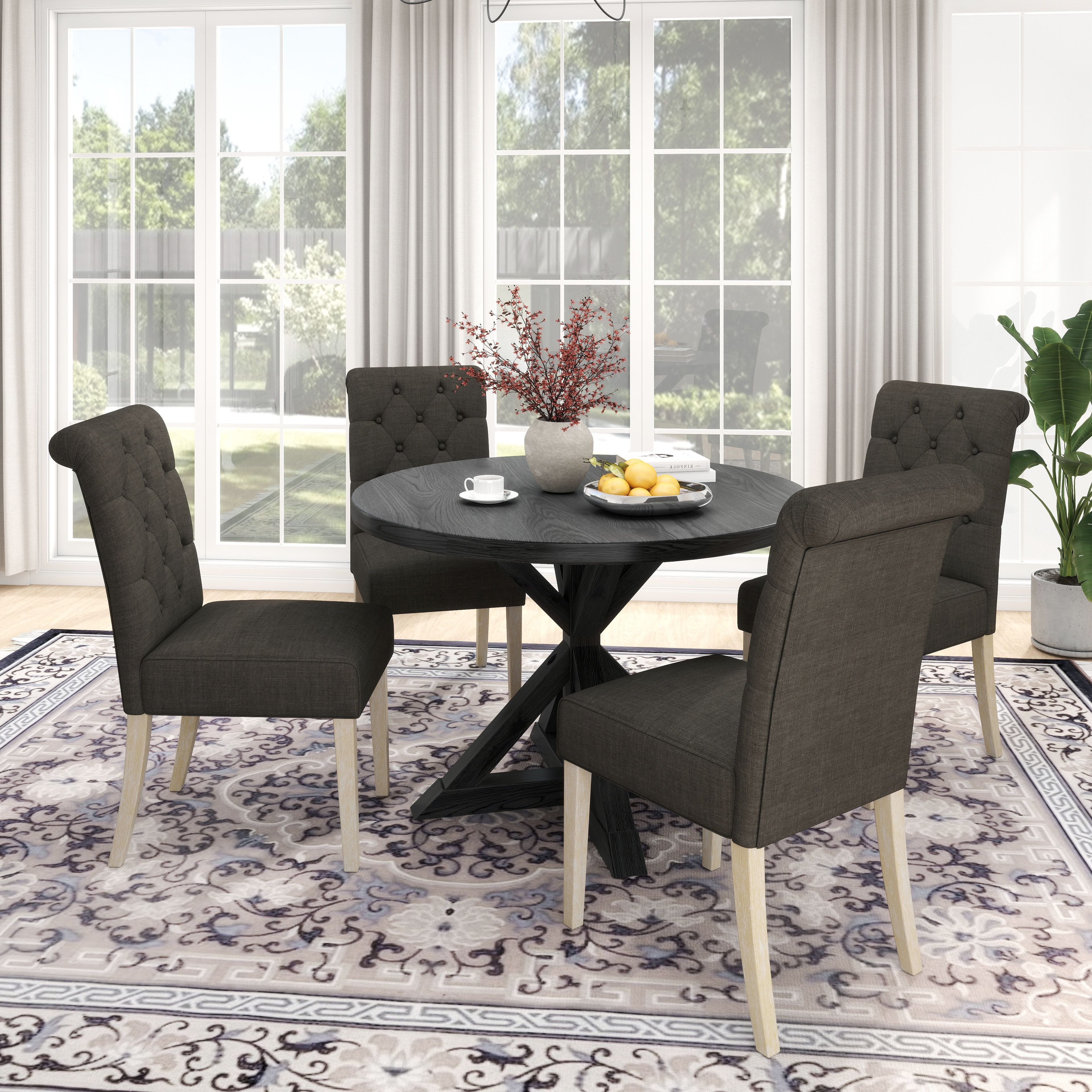 Banff 5-Piece Dining Set  Cross-Buck Round Table With 4 Tufted Chairs  Charcoal