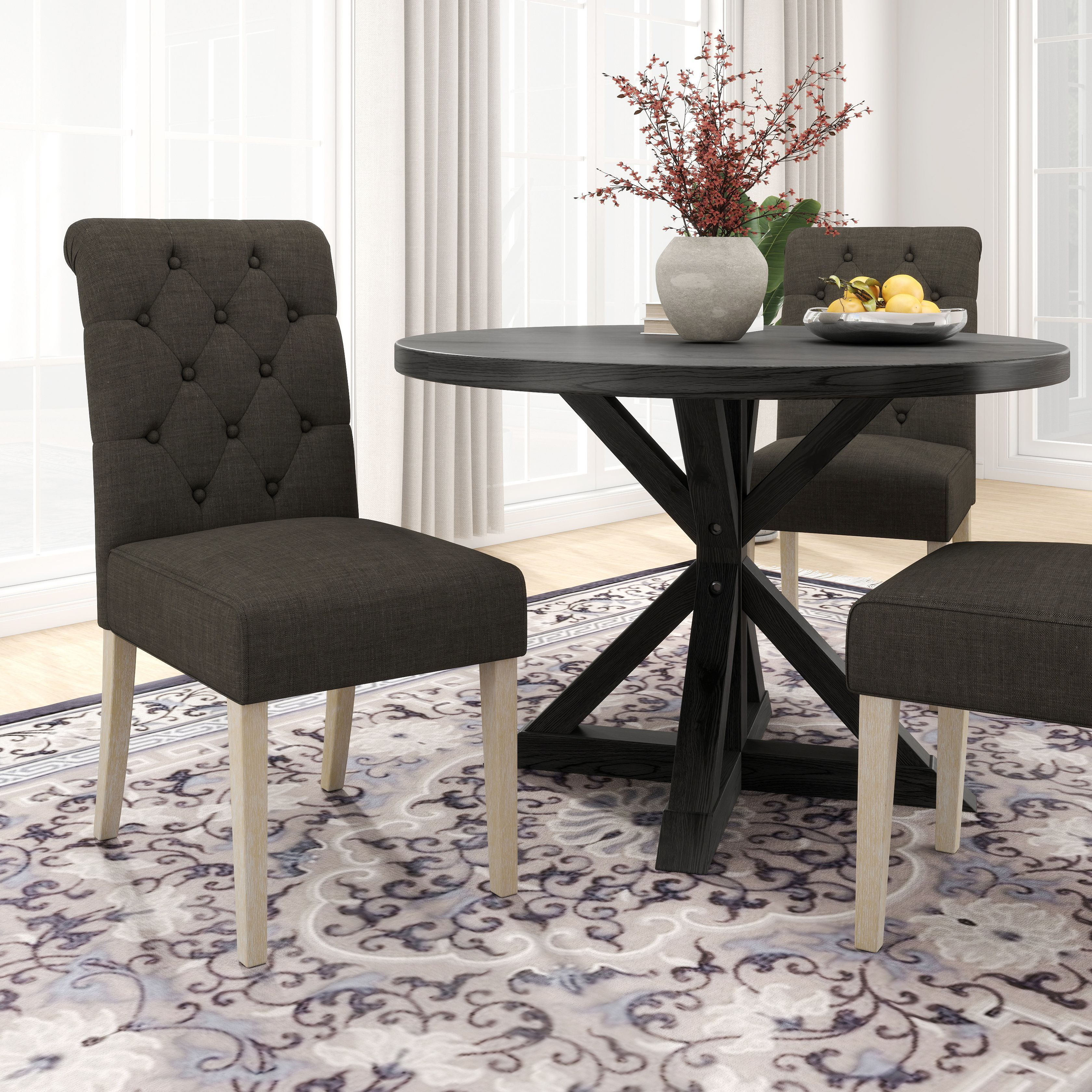 Banff 5-Piece Dining Set  Cross-Buck Round Table With 4 Tufted Chairs  Charcoal