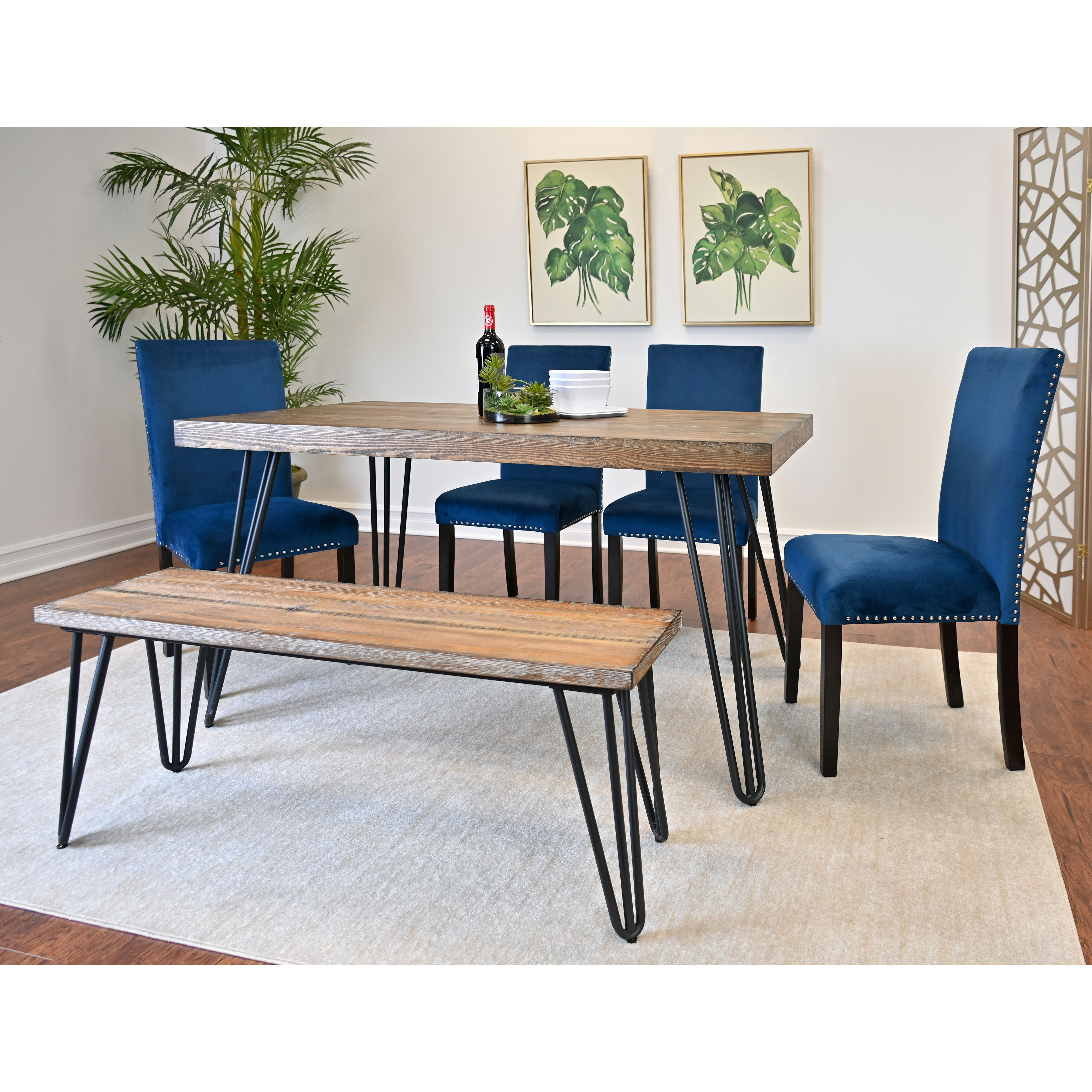 Ashzo 6-Piece Dining Set  Hairpin Dining Table With 4 Chairs And Bench  3 Color Options