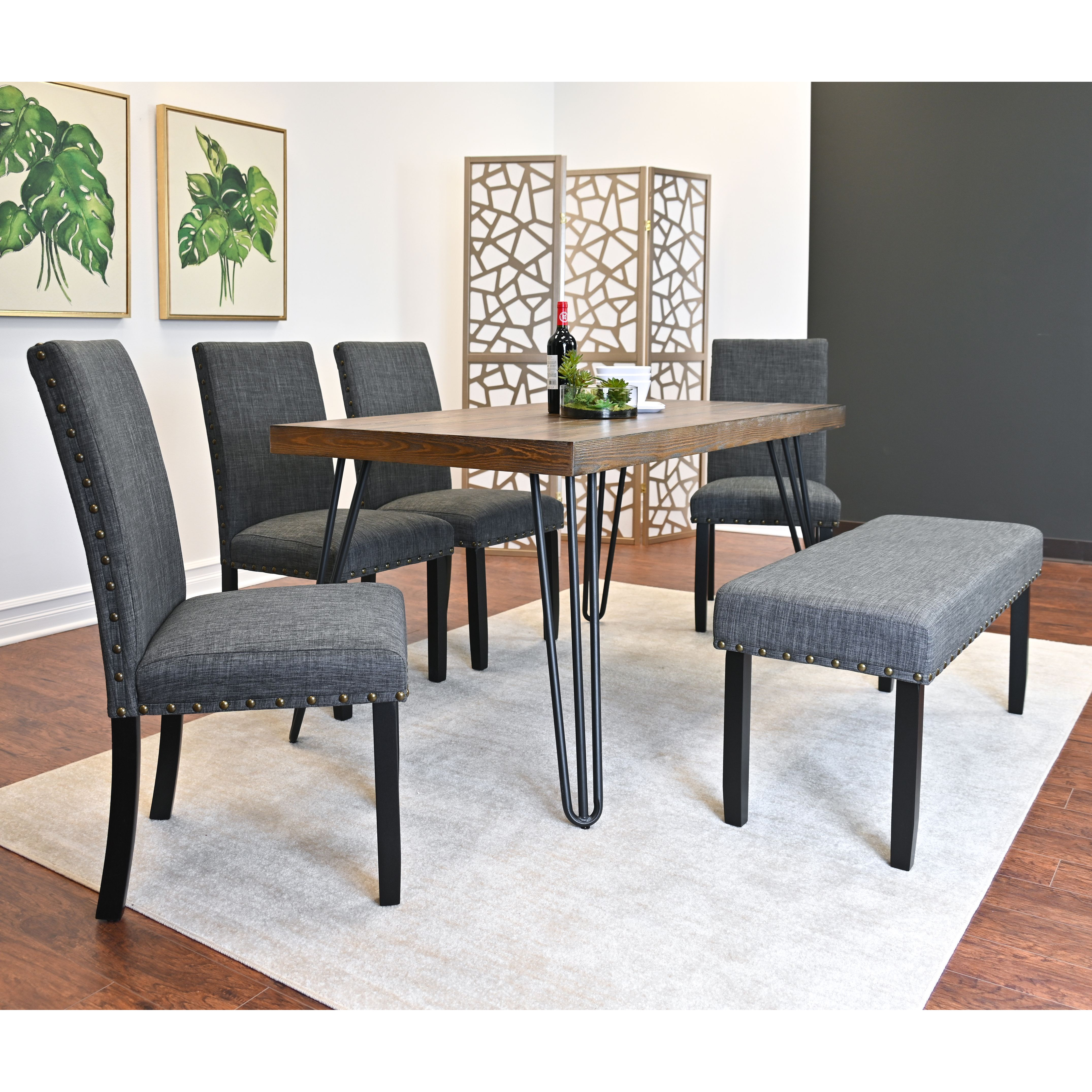 Amisos 6-Piece Dining Set  Hairpin Dining Table With 4 Chairs And Upholstery Bench  3 Color Options