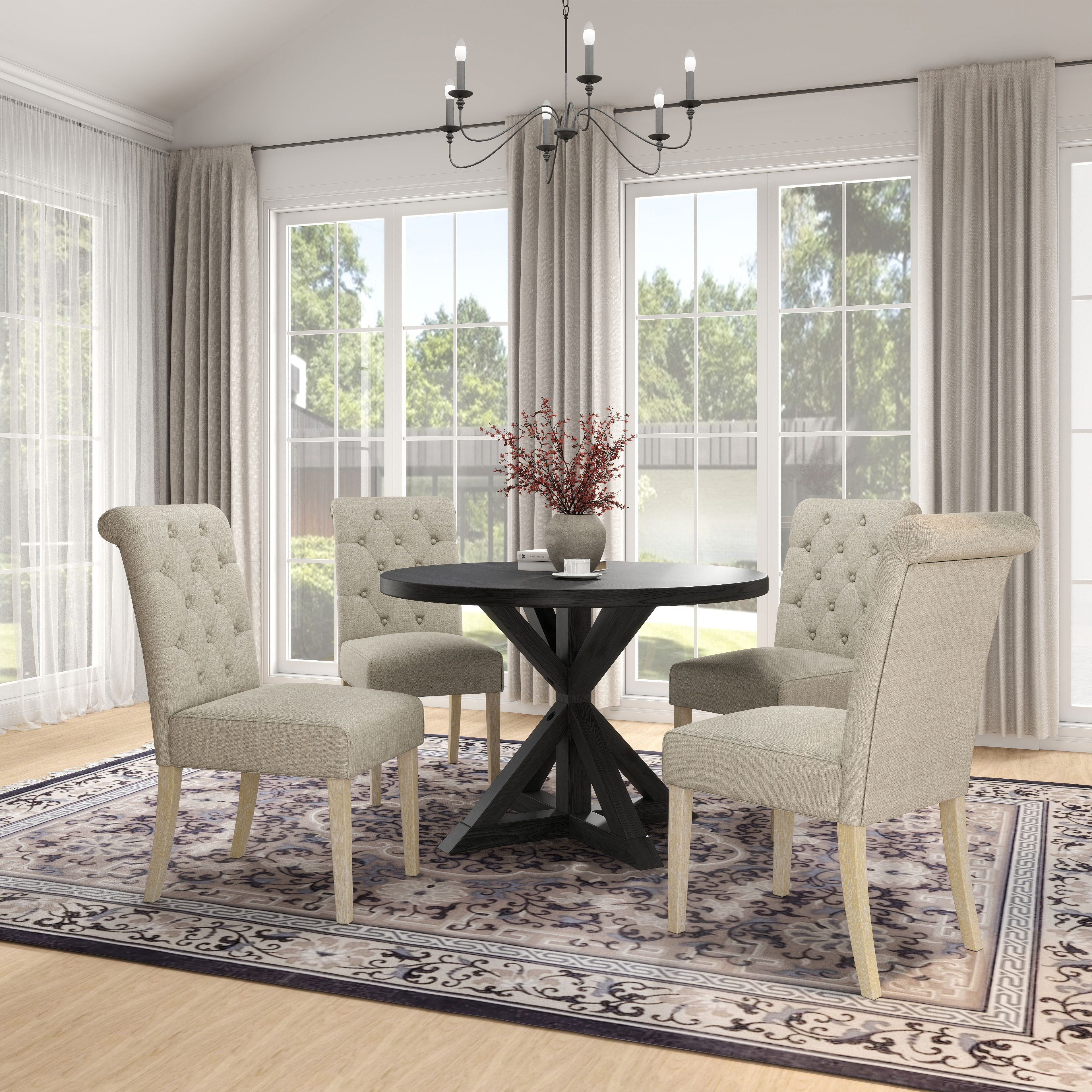 Banff 5-Piece Dining Set  Cross-Buck Round Table With 4 Tufted Chairs  Tan