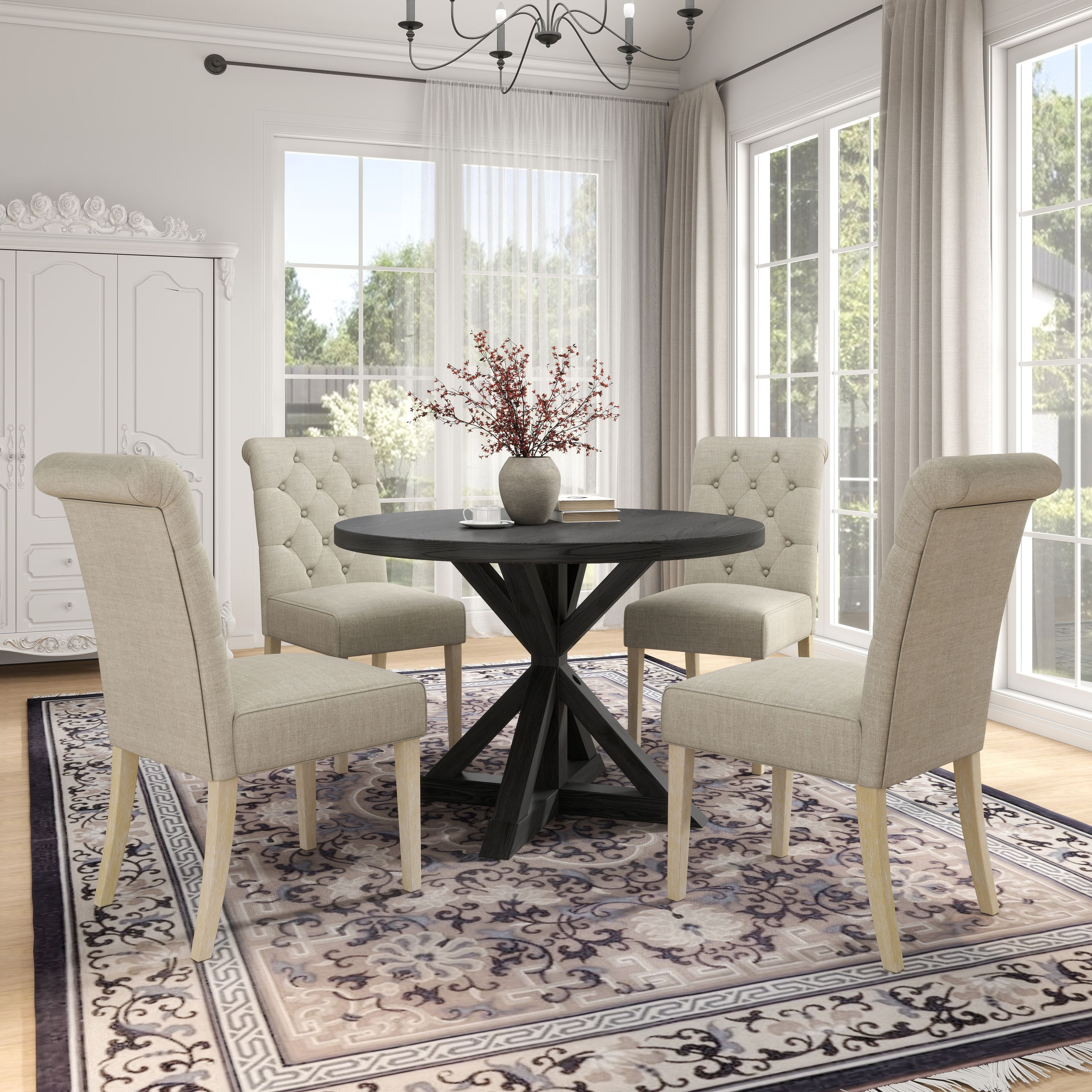 Banff 5-Piece Dining Set  Cross-Buck Round Table With 4 Tufted Chairs  Tan