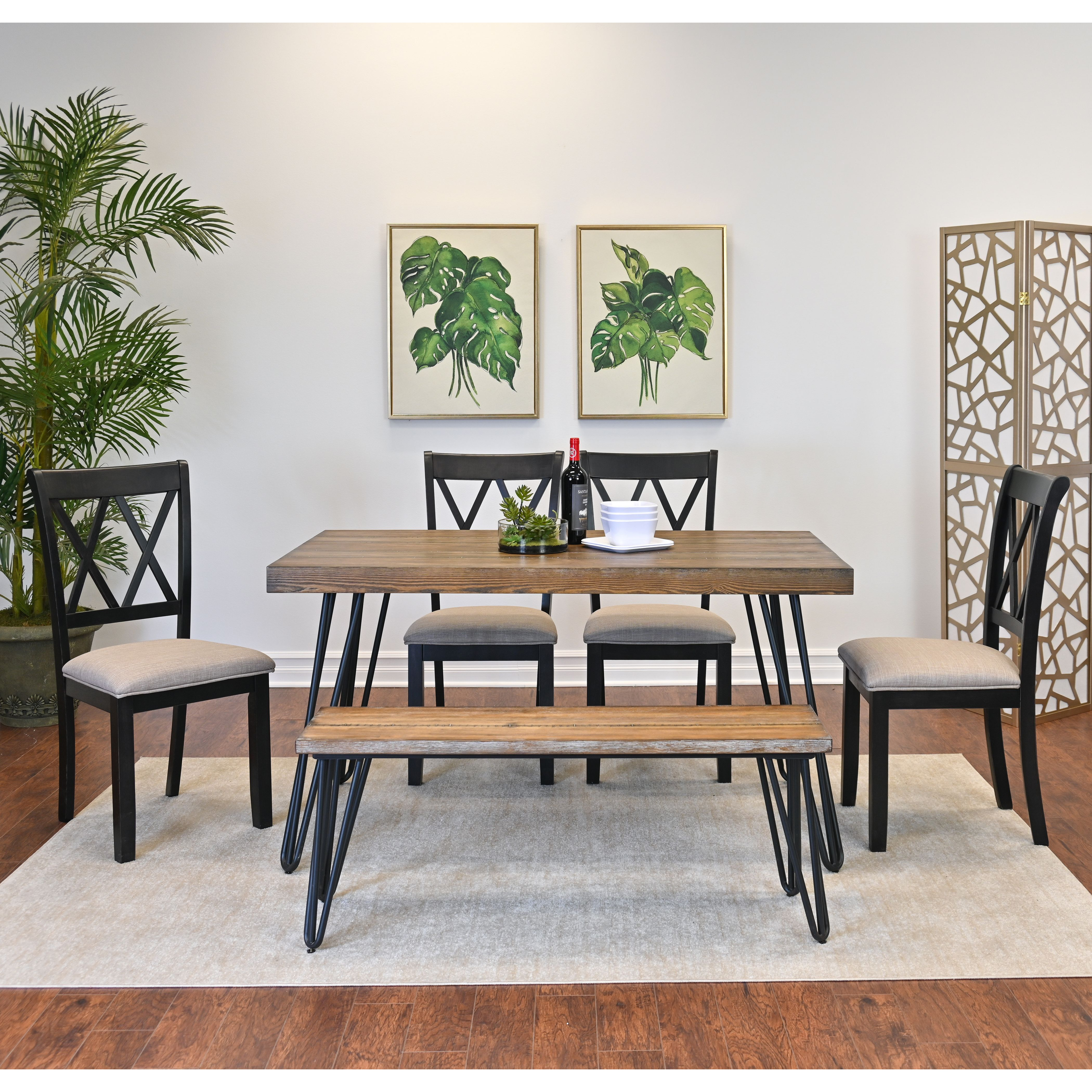 Arroyo 6-Piece Dining Set  Hairpin Dining Table With 4 Cross-Back Chairs And Bench  Rich Black