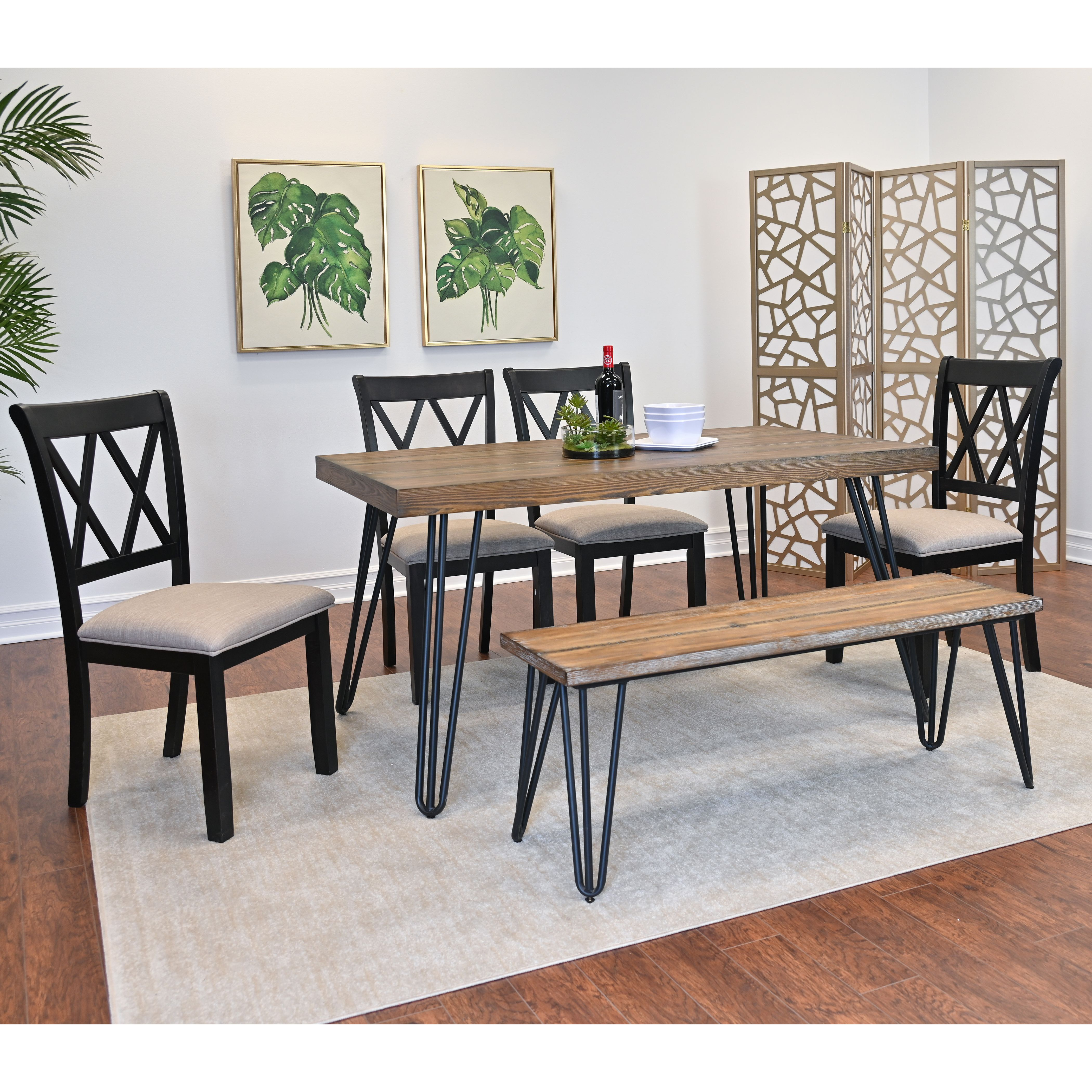 Arroyo 6-Piece Dining Set  Hairpin Dining Table With 4 Cross-Back Chairs And Bench  Rich Black