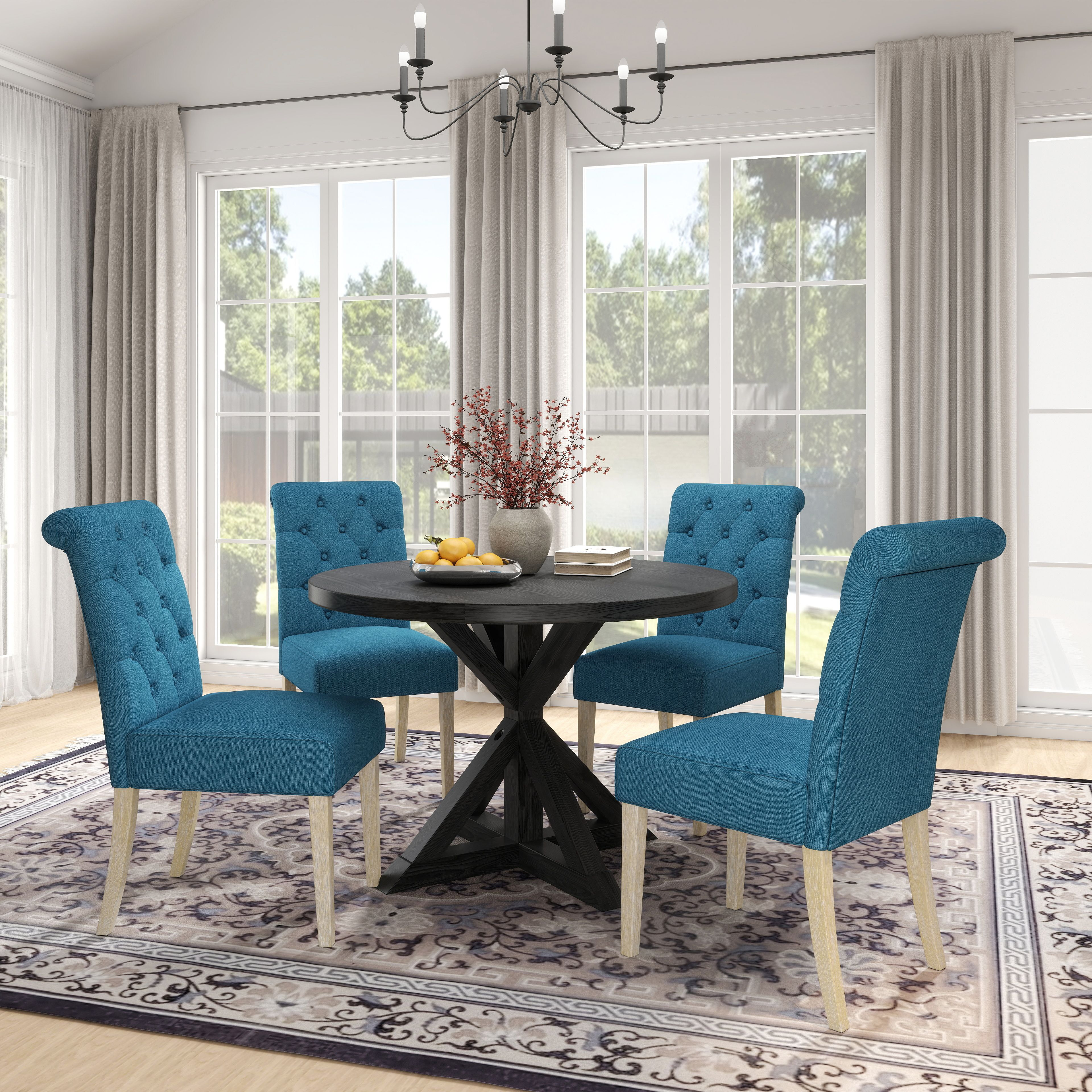 Banff 5-Piece Dining Set  Cross-Buck Round Table With 4 Tufted Chairs  Blue