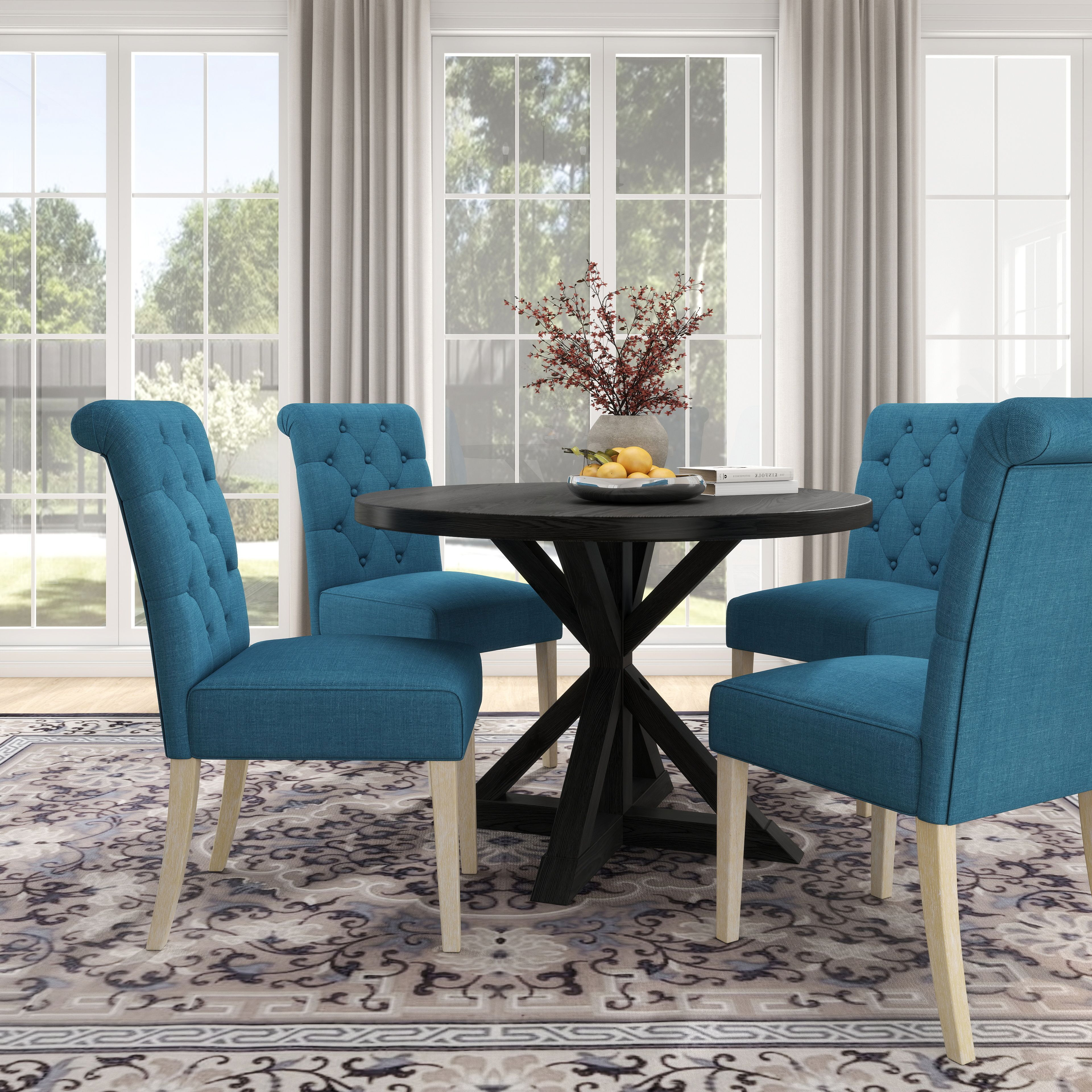 Banff 5-Piece Dining Set  Cross-Buck Round Table With 4 Tufted Chairs  Blue