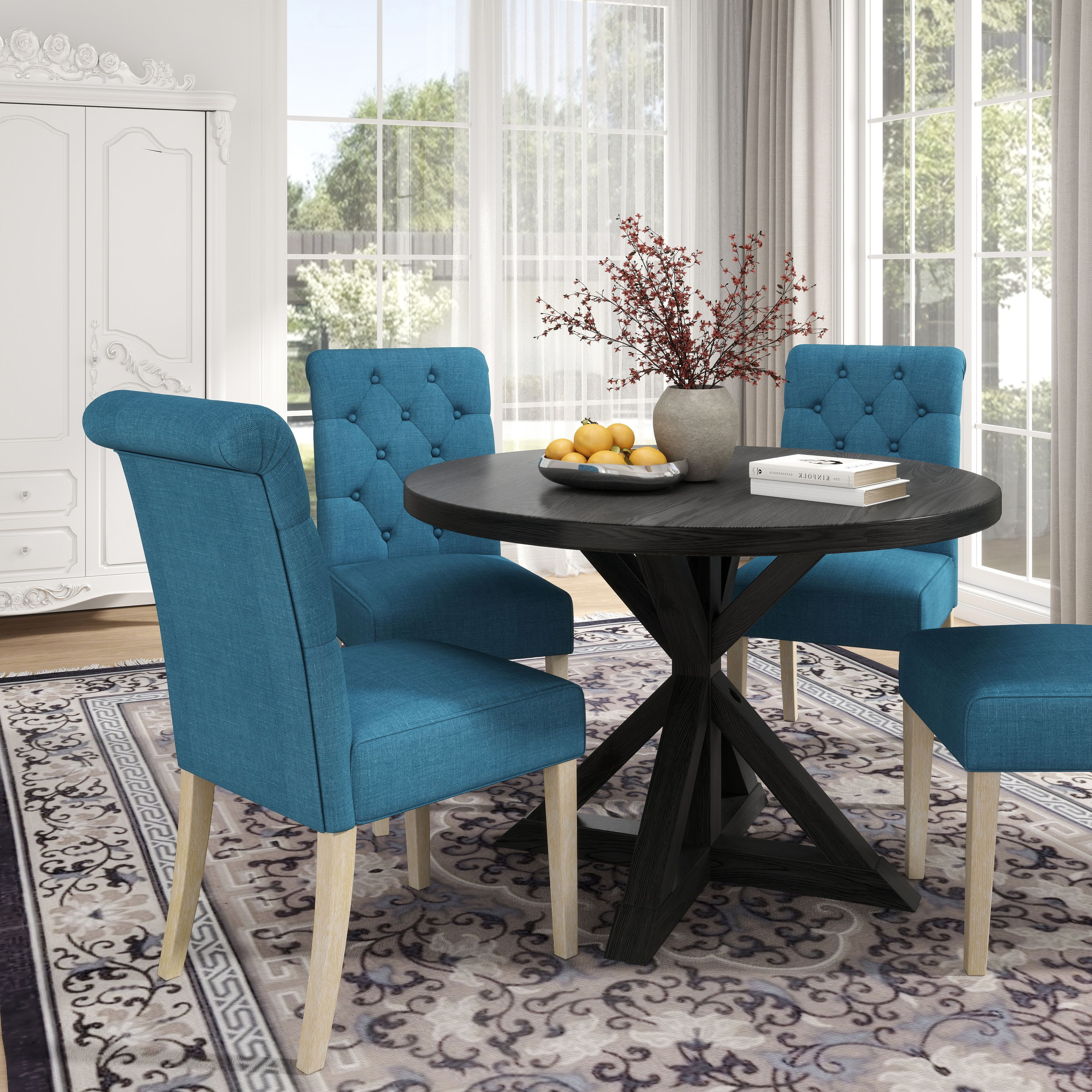 Banff 5-Piece Dining Set  Cross-Buck Round Table With 4 Tufted Chairs  Blue