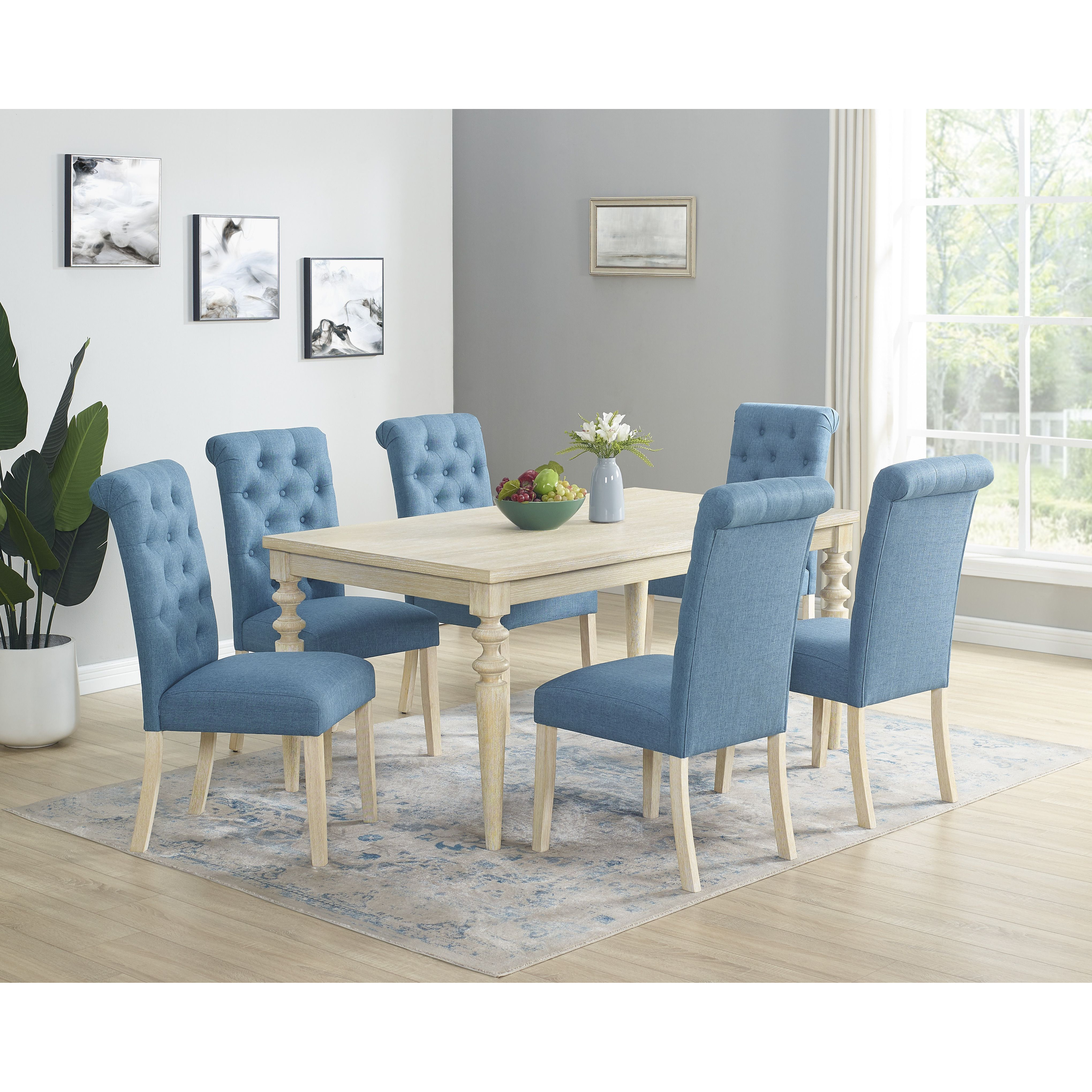 Amonia 7-Piece Dining Set  Turned-Leg Dining Table With 6 Tufted Chairs