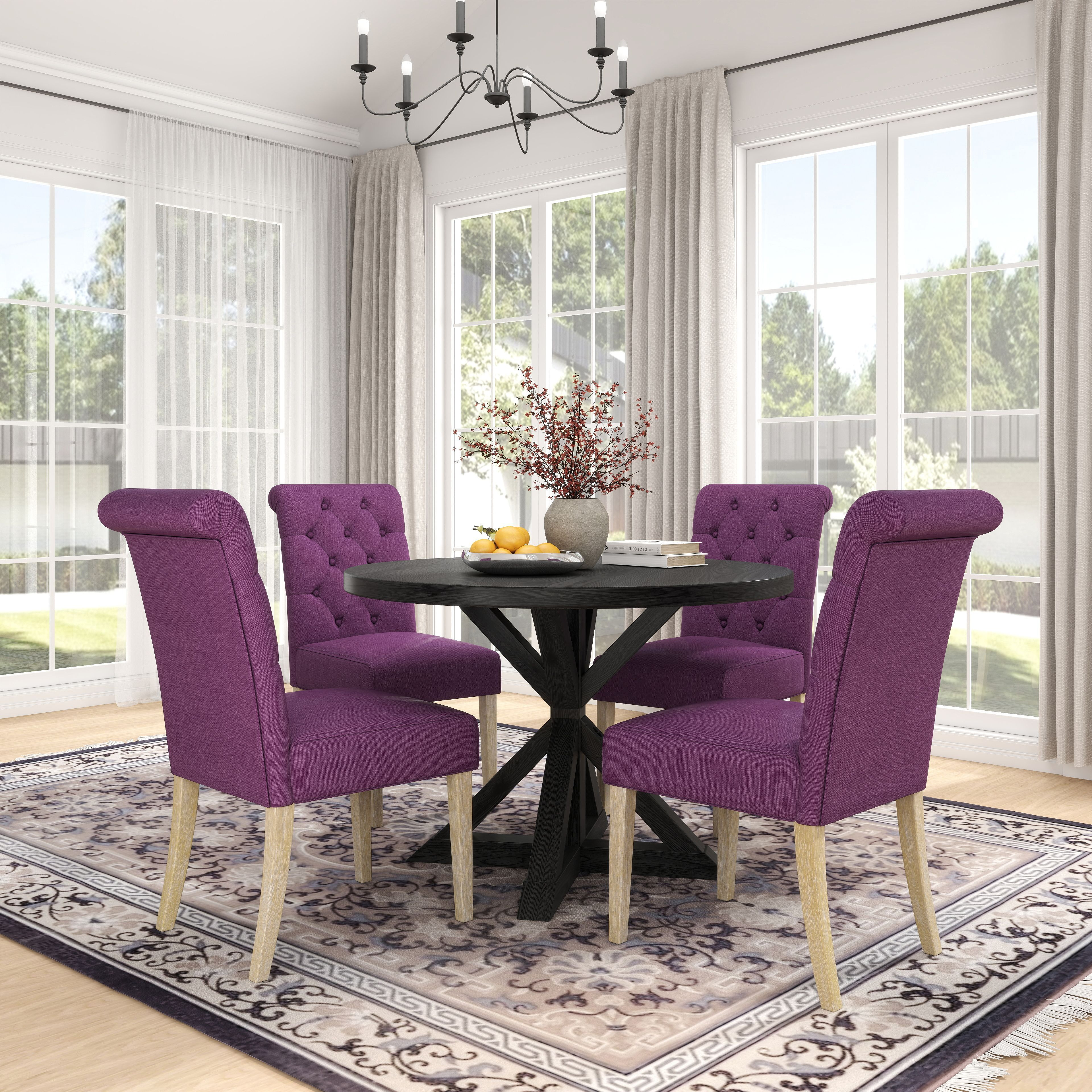 Banff 5-Piece Dining Set  Cross-Buck Round Table With 4 Tufted Chairs  Purple