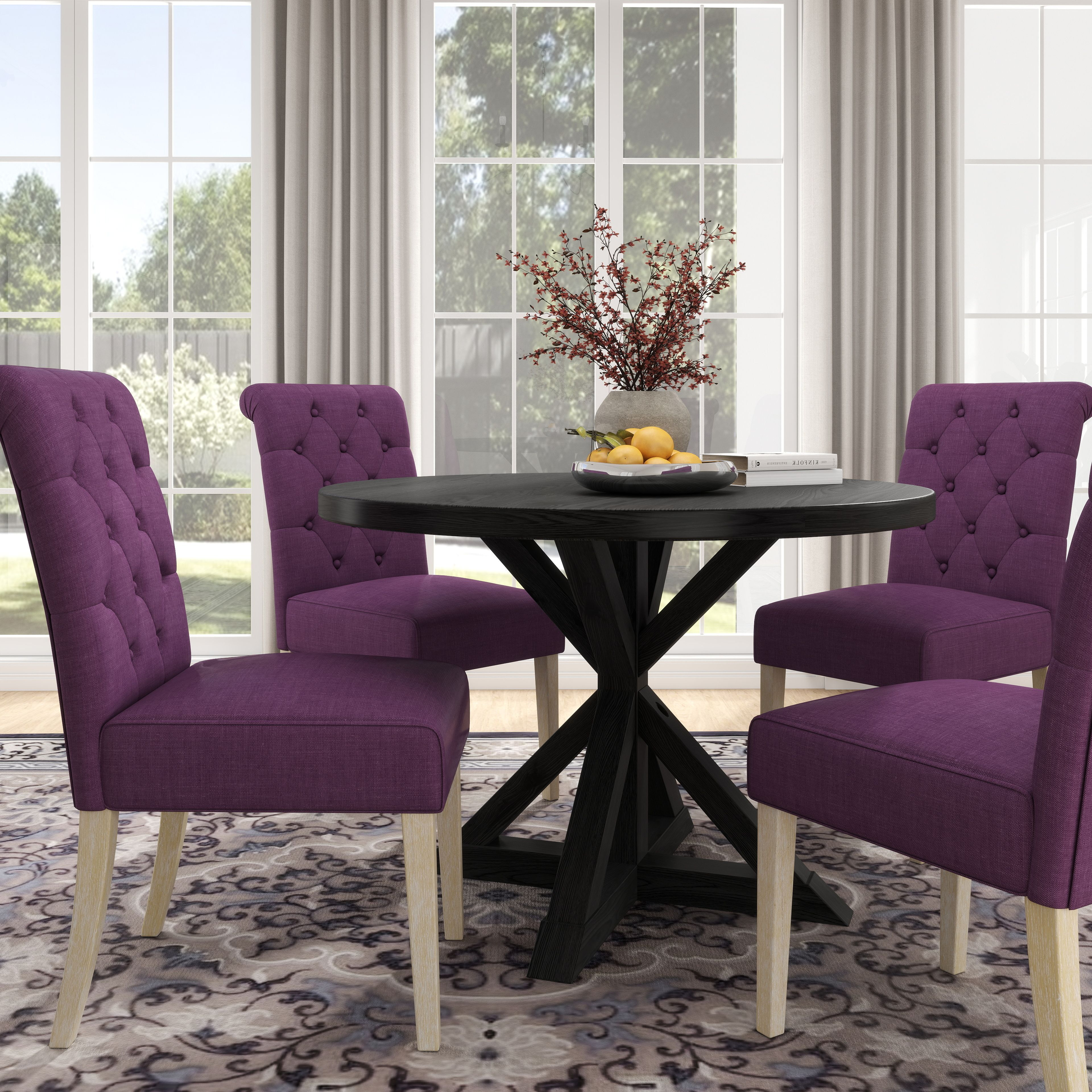 Banff 5-Piece Dining Set  Cross-Buck Round Table With 4 Tufted Chairs  Purple